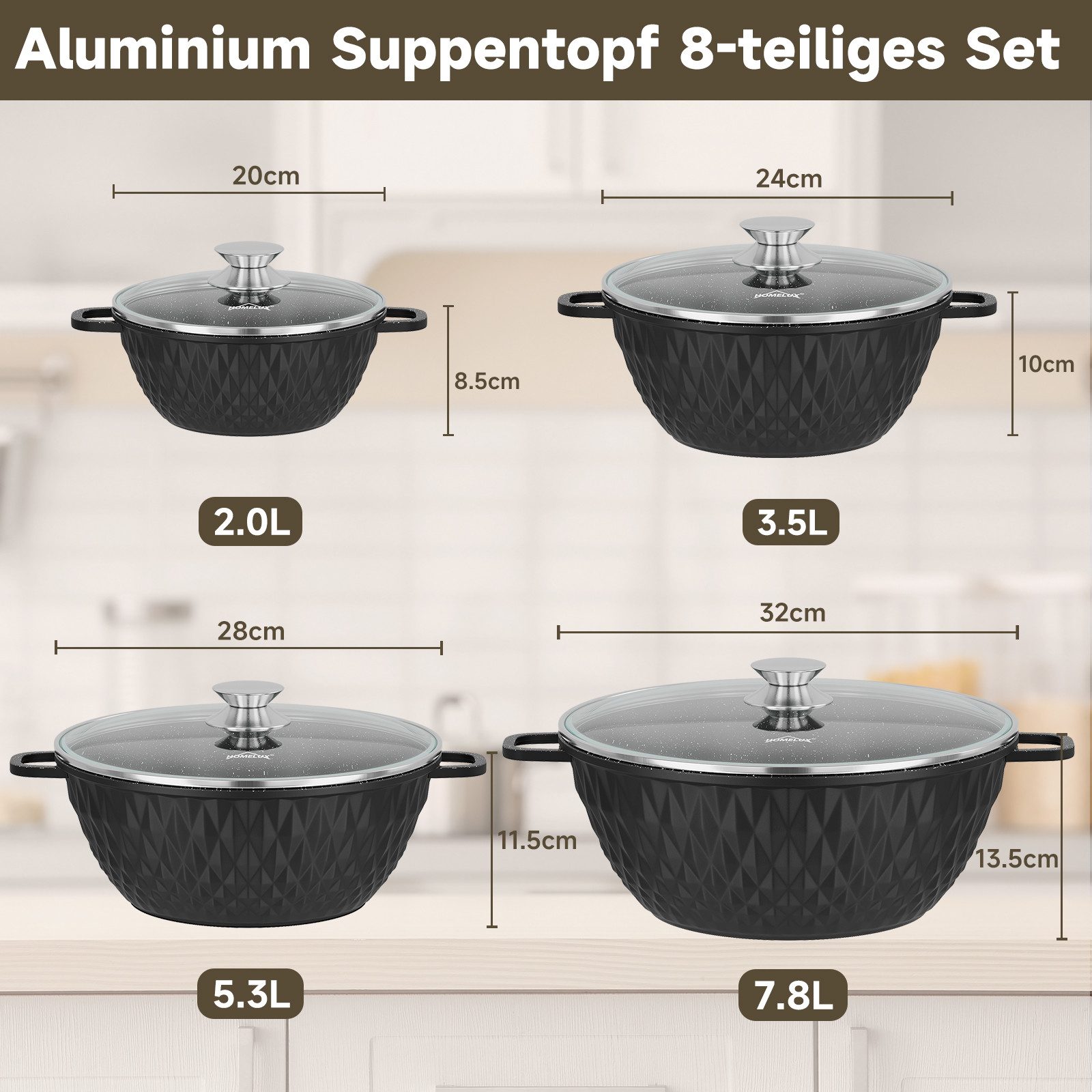 HOMELUX Topf-Set 8-tlg Kochtopf Set Induktions 20/24/28/32cm Töpfe Set mit Deckel, Aluminium (Kochtöpfe Induktions für Alle Herdarten), Induktion, Antihaft-beschichtung