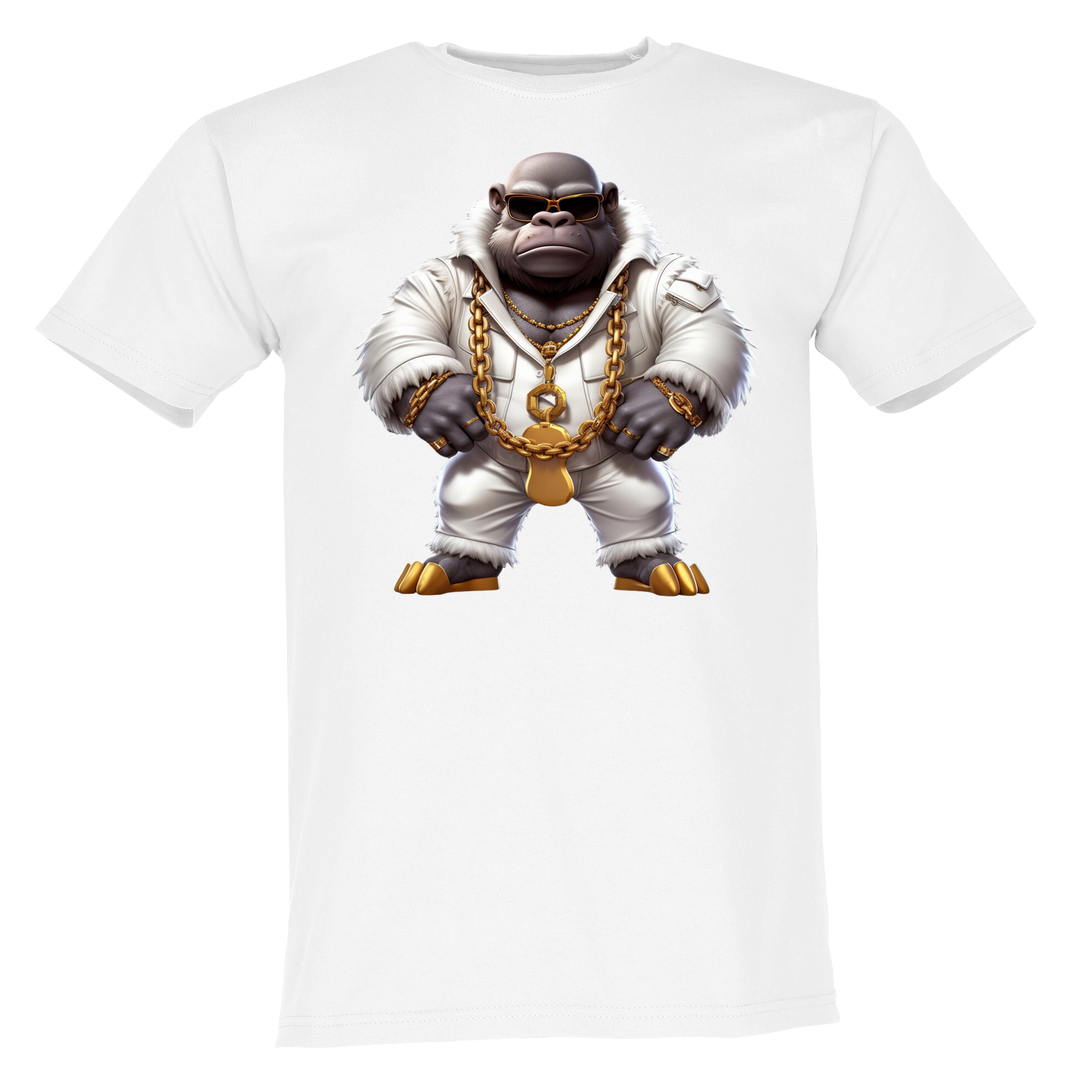 Banco T-Shirt Gangsta Gorilla Mit Goldkette aus 100% Baumwolle Weiß