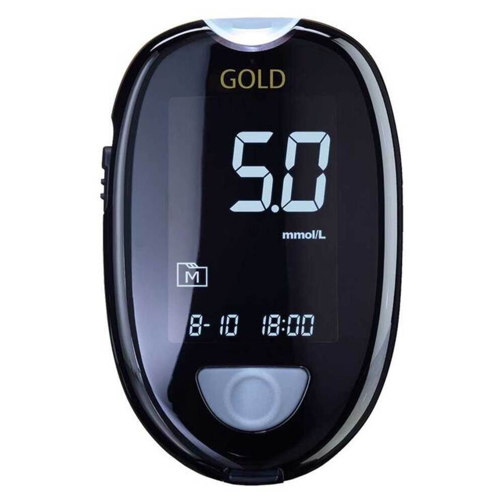 GlucoCheck Blutzuckermessgerät GlucoCheck Gold mgdl oder mmol, Spar-Set, Diabeteskontrolle, Smartes Messgerät, Teststreifeneinschub beleuchtet, Bluetooth und USB-Schnittstelle