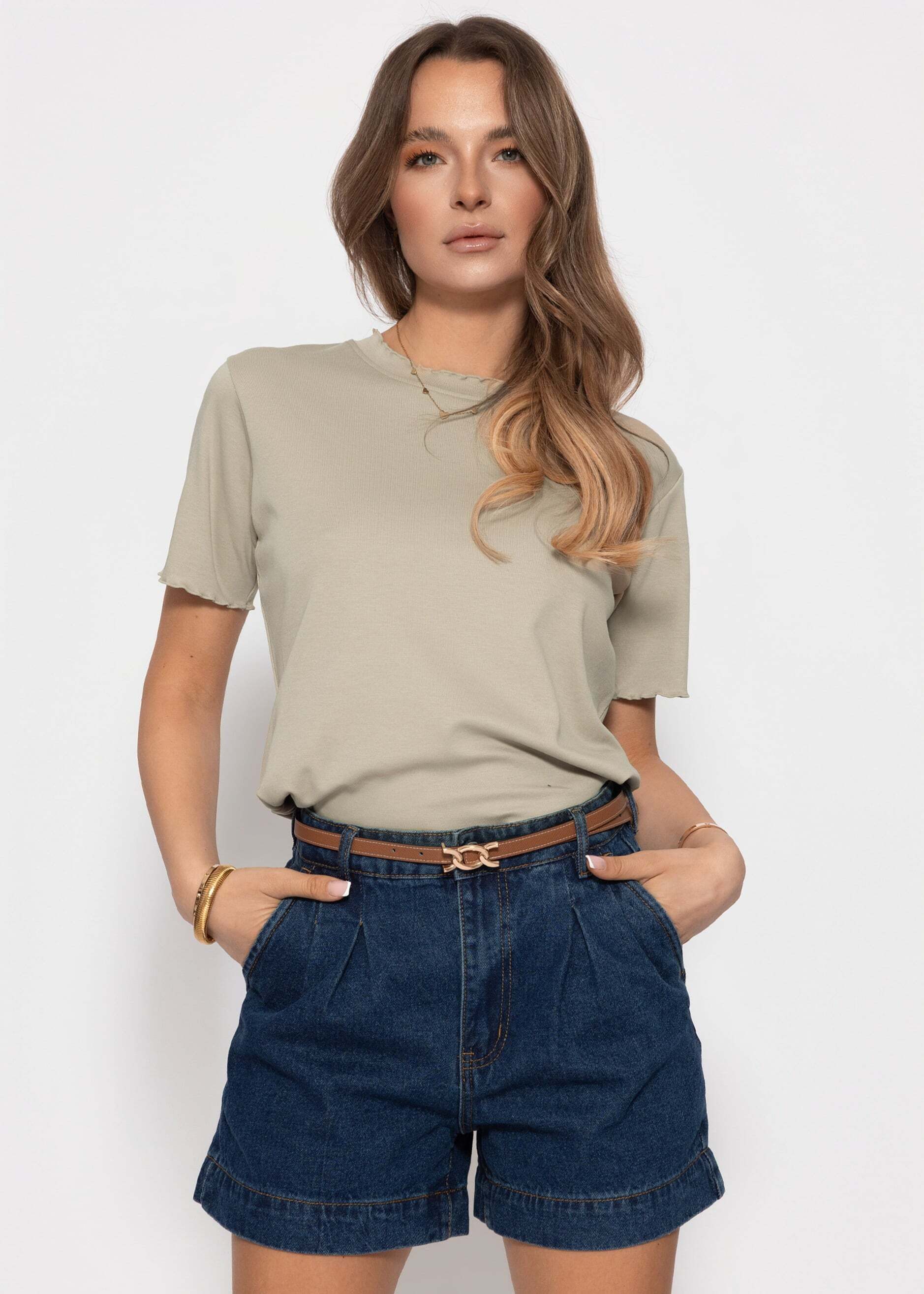 SASSYCLASSY T-Shirt Shirt mit Wellenkante für Damen Schlichtes T-Shirt mit Rundhalsausschnitt in fließendem Material