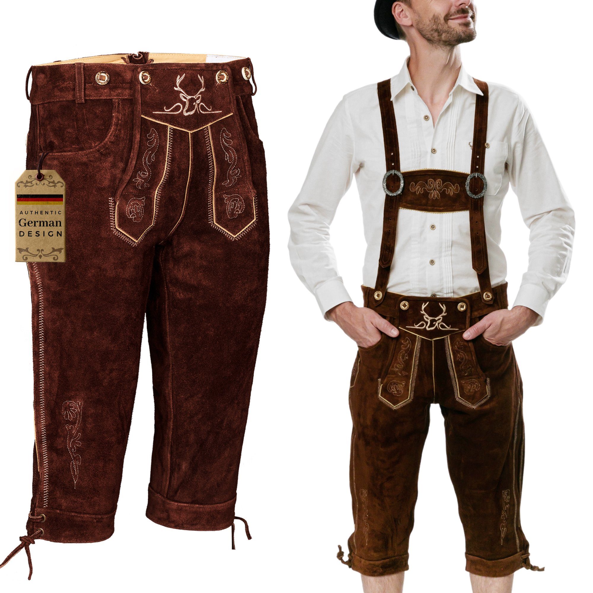 Kniebund robustes und TRACHTEN dunkelbraun Design Echtleder traditionellem BAVARIA Material in Tracht 46-66 gefertigt Gr. Lederhosen Trachtenhose - Herren