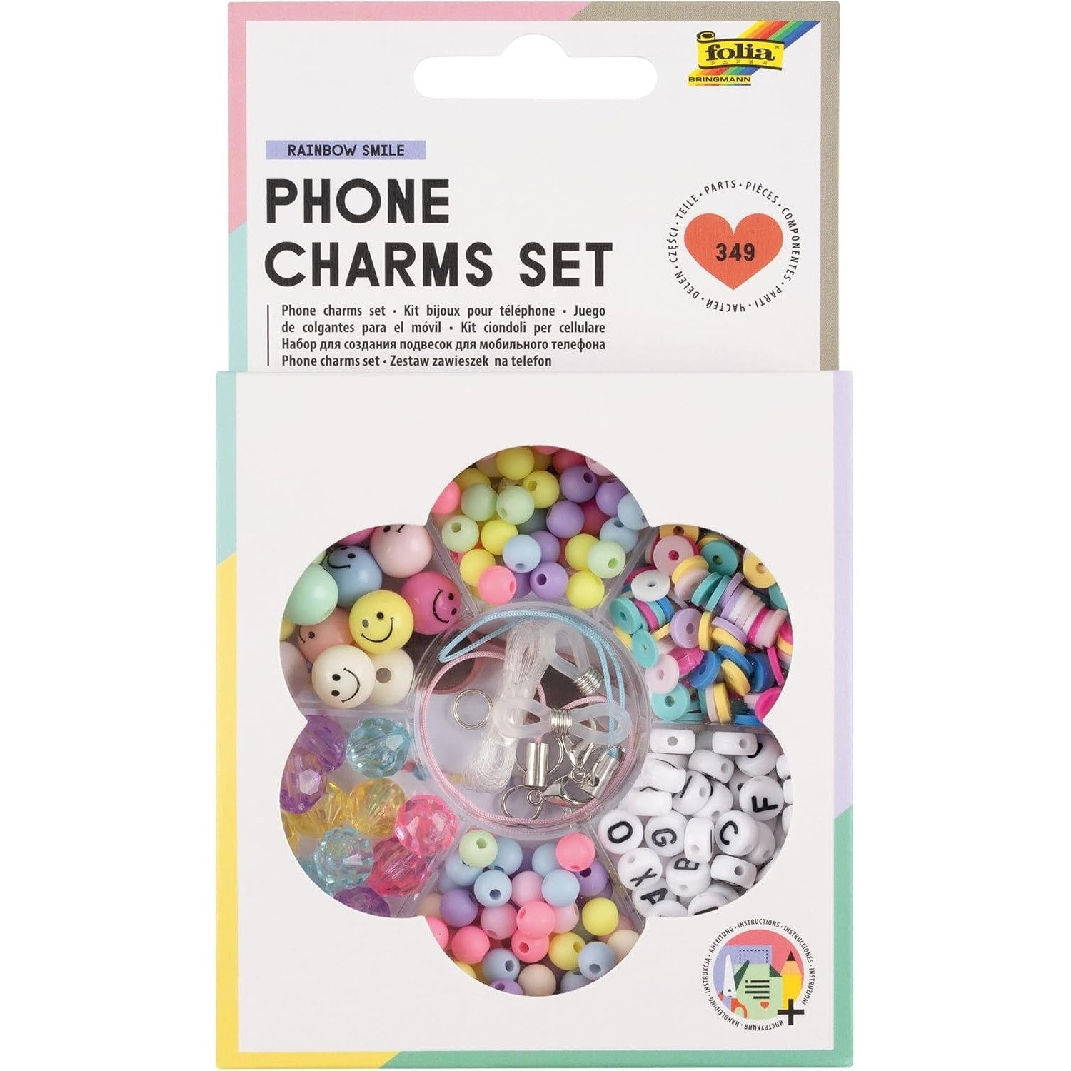 Folia Bastelperlen Handyketten Brillenketten RAINBOW SMILE, Perlen Set mit Aufbewahrungsb
