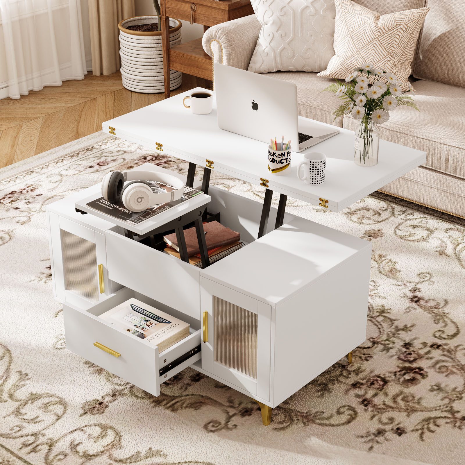 VOWNER Couchtisch Höhenverstellbarer 3-in-1-Couchtisch mit Schublade und St günstig online kaufen