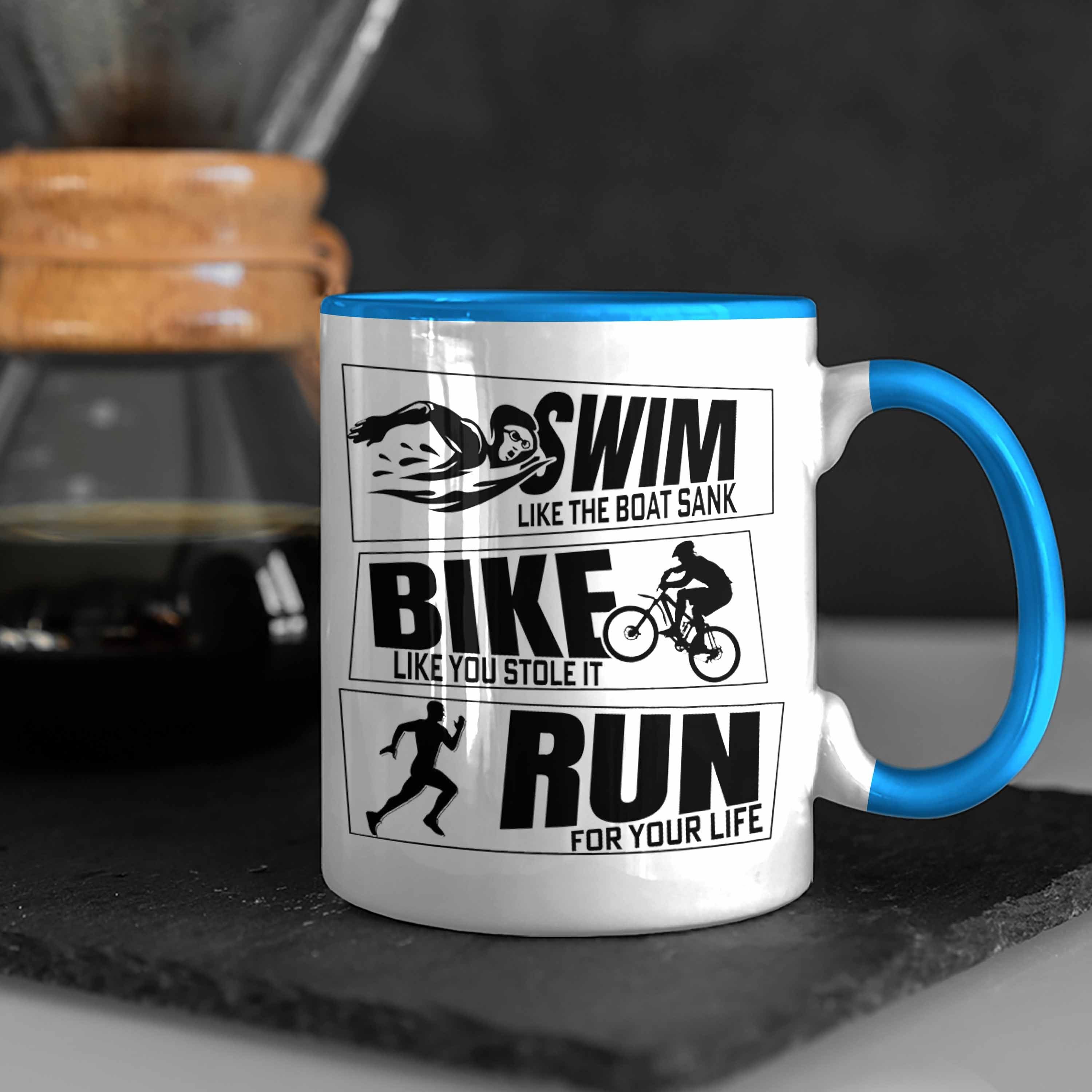 Trendation Tasse Triathlon Tasse Spruch Swim für Geschenkidee Bike Blau Geschenk Sportl Run