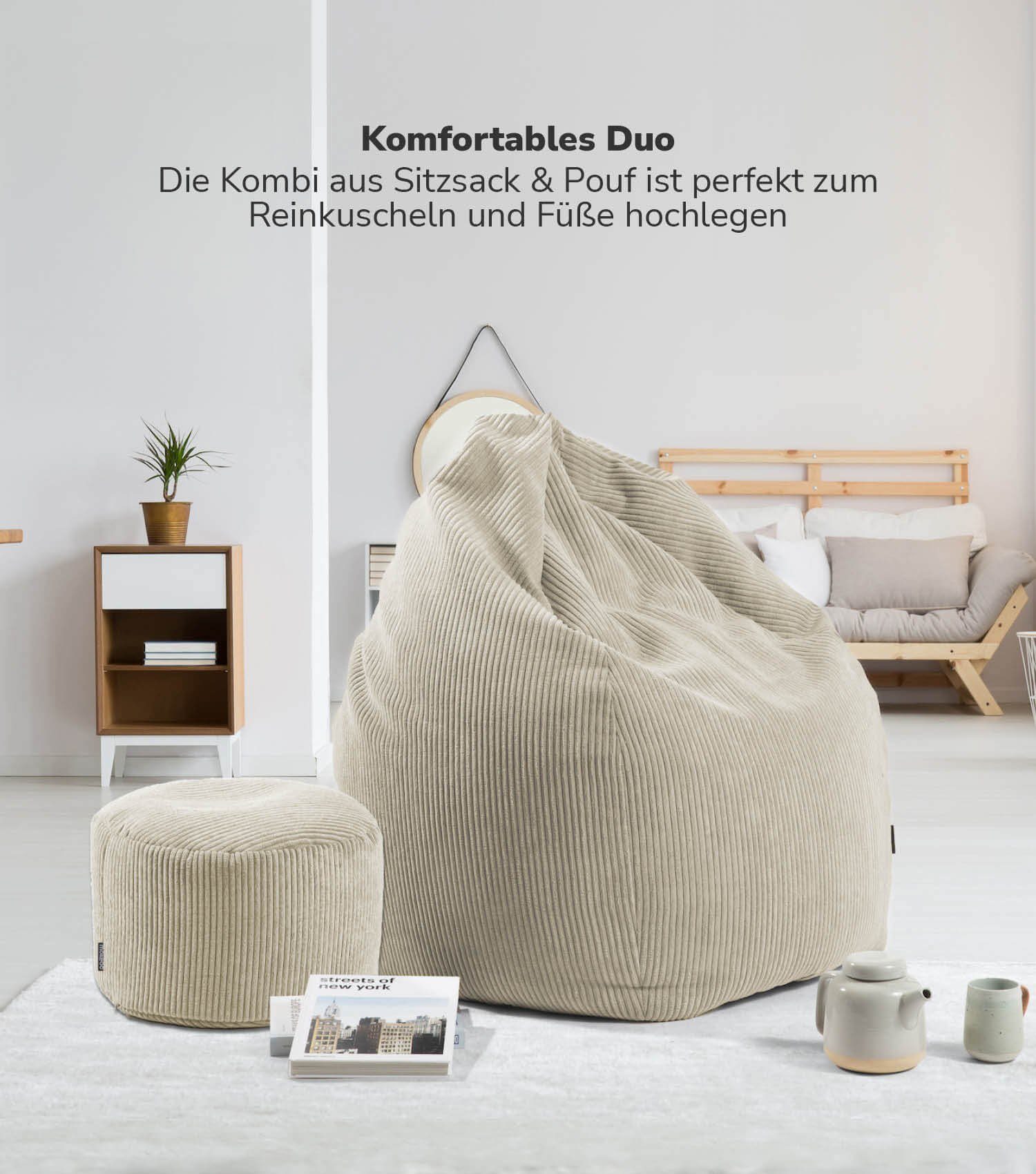 mokebo Sitzsack Der Tagträumer (mit als Bean mit Pouf Puff Hocker), Set aus in Sitzkissen Beige, Cordstoff mit Bag