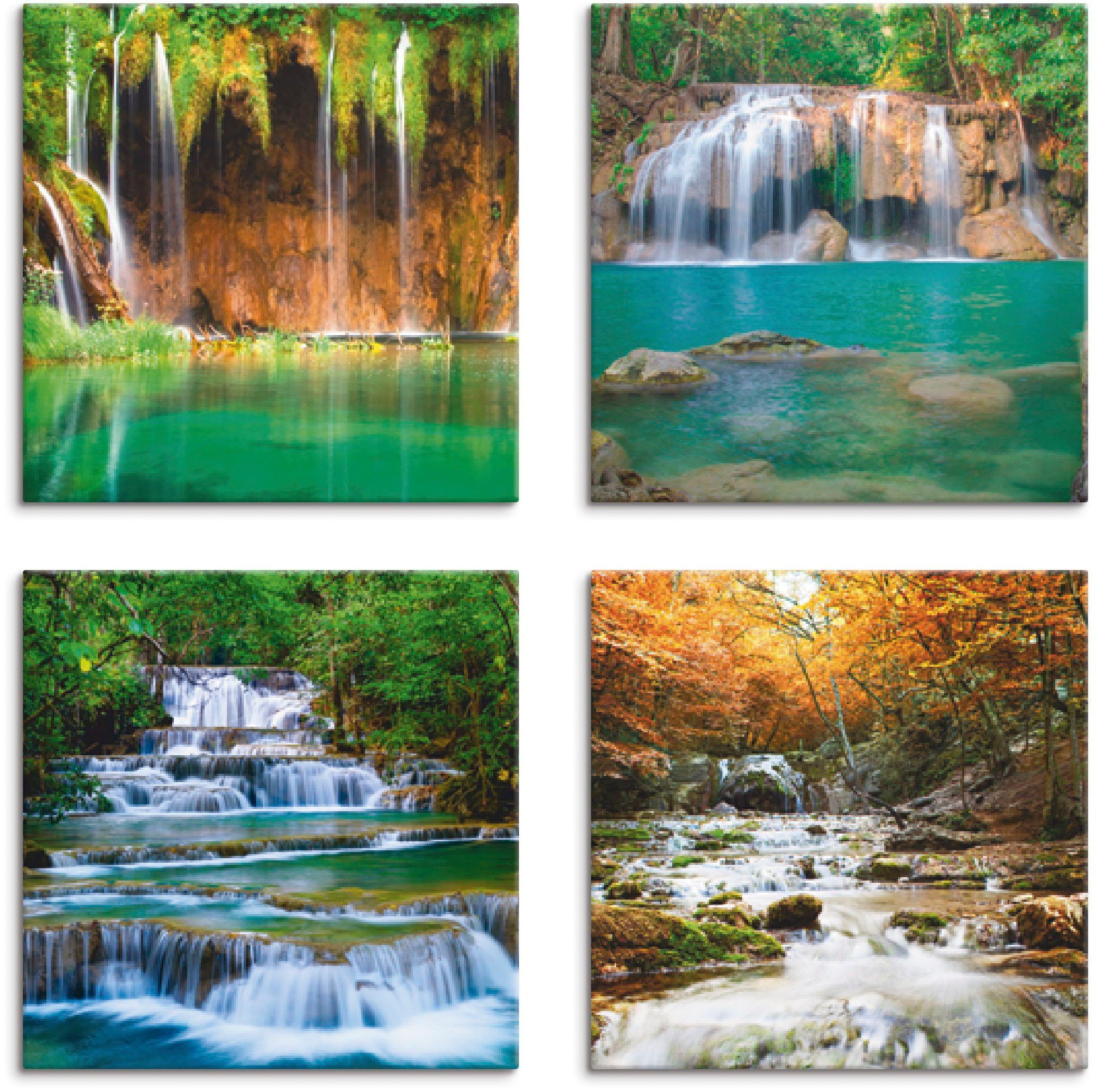 Artland Leinwandbild Schöner Wasserfall im Wald, Gewässer (4 St), 4er Set, verschiedene Größen
