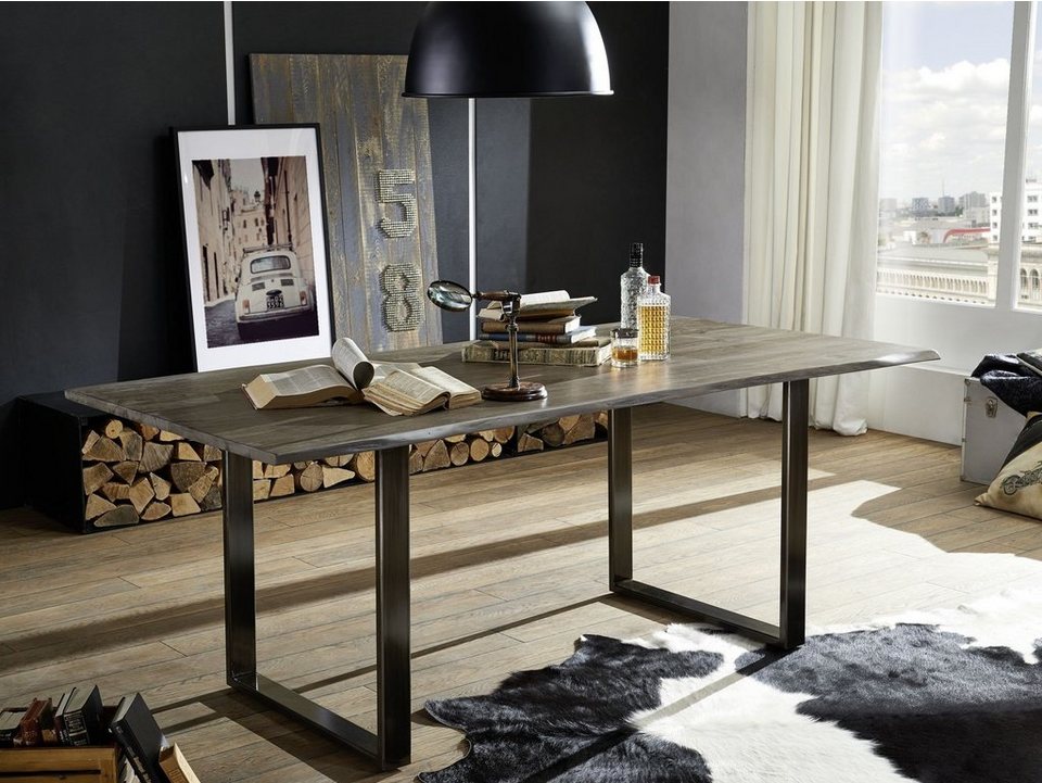 Massivmoebel24 Baumkantentisch FREEFORM (200x100x78 Sheesham), modernes  Design durch die Kombination aus Metall und Holz