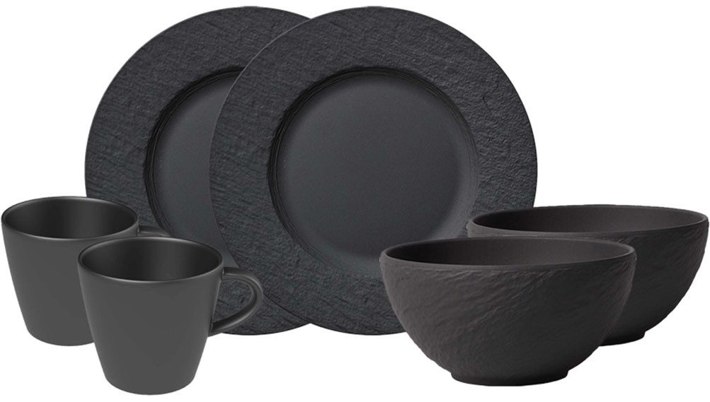 Villeroy & Boch Frühstücks-Geschirrset Manufacture Rock (6-tlg), 2 Personen, Fine China-Porzellan, Made in Germany, Fine China Porzellan