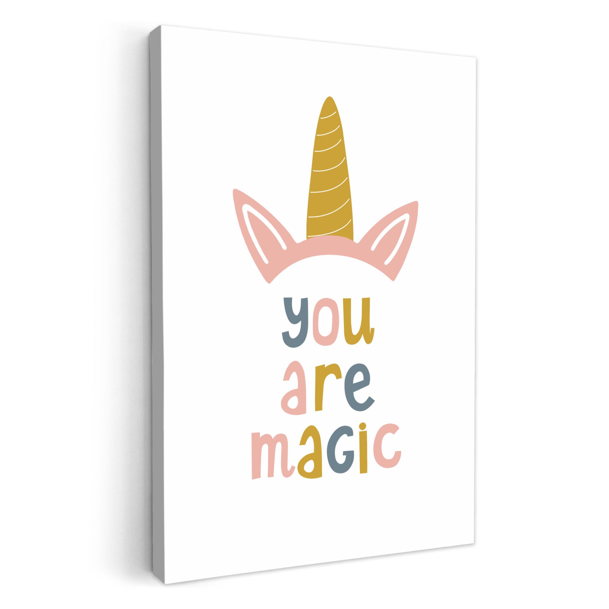 OneMillionCanvasses® Leinwandbild Kinder - Einhorn - Weiß - Zitat - Du bist magisch, Fotodruck (1 St), Kinderzimmer Deko, Mädchen und Jungen Bilder 20x30 cm