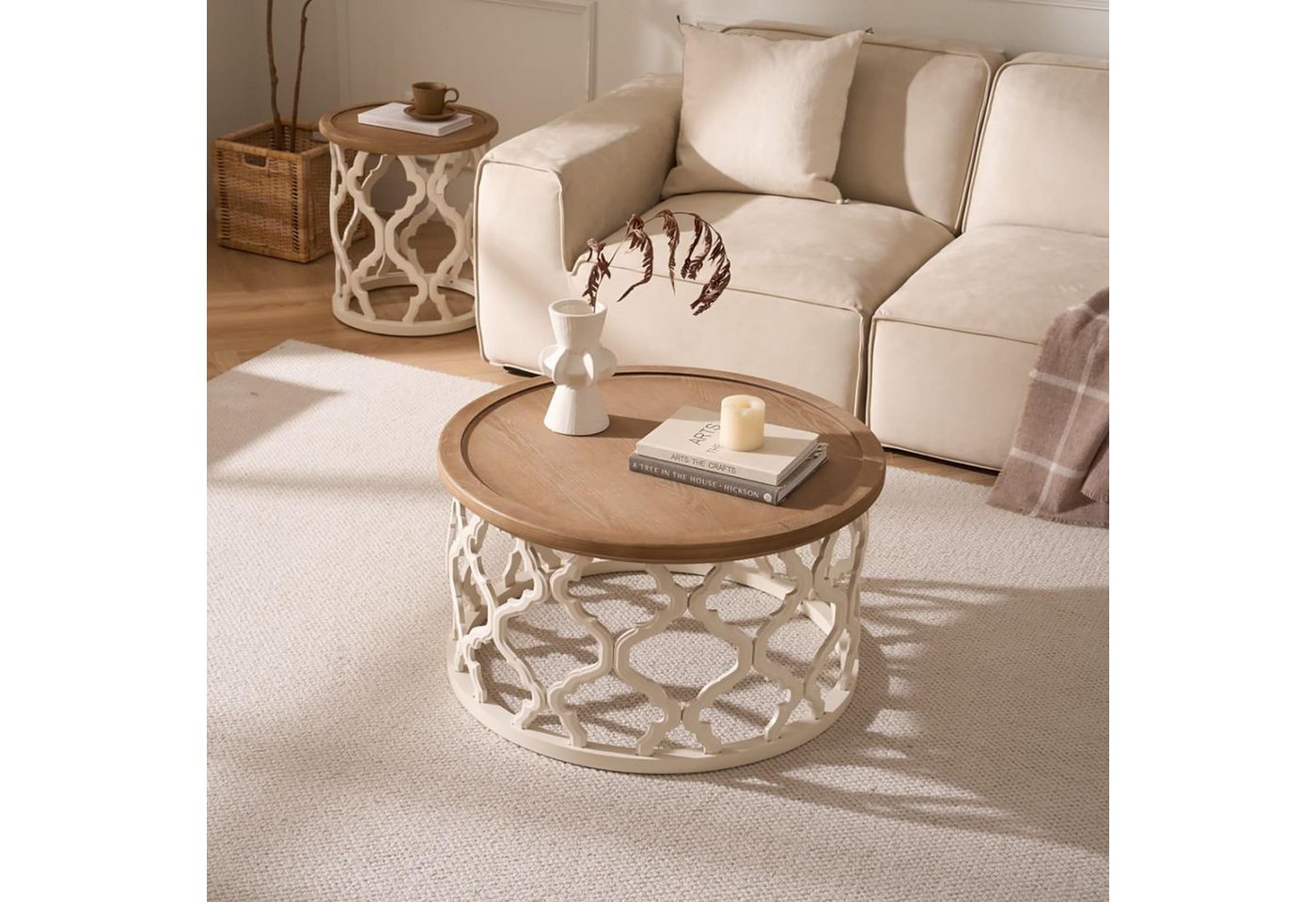 Cagnolier Couchtisch Rund im Retro-Stil, Holz Wohnzimmertisch (1-St), Beisteiltisch mit ausgeschnittenen Tischbeinen, Ø76 x 41 cm