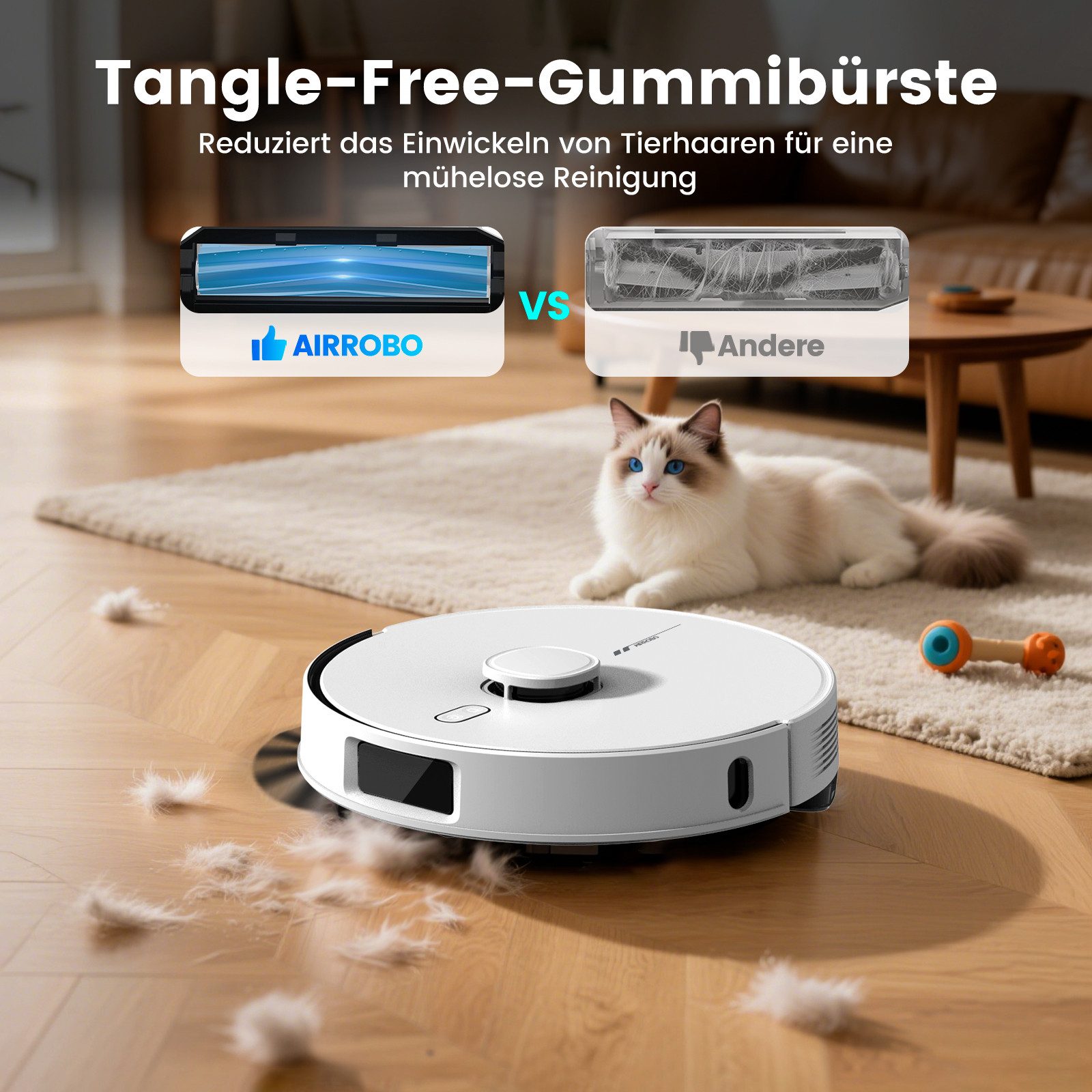 AIRROBO Nass-Trocken-Saugroboter L60 Roboterstaubsauger mit Wischfunktion und Absaugstation, 55 W, 000 Pa Saugkraft, 60 Tage freihändige Reinigung, LiDAR-Navigation mit Hindernisvermeidung, Antitangle-Gummibürste, ideal für Tierhaare, 240 Min. Laufzeit