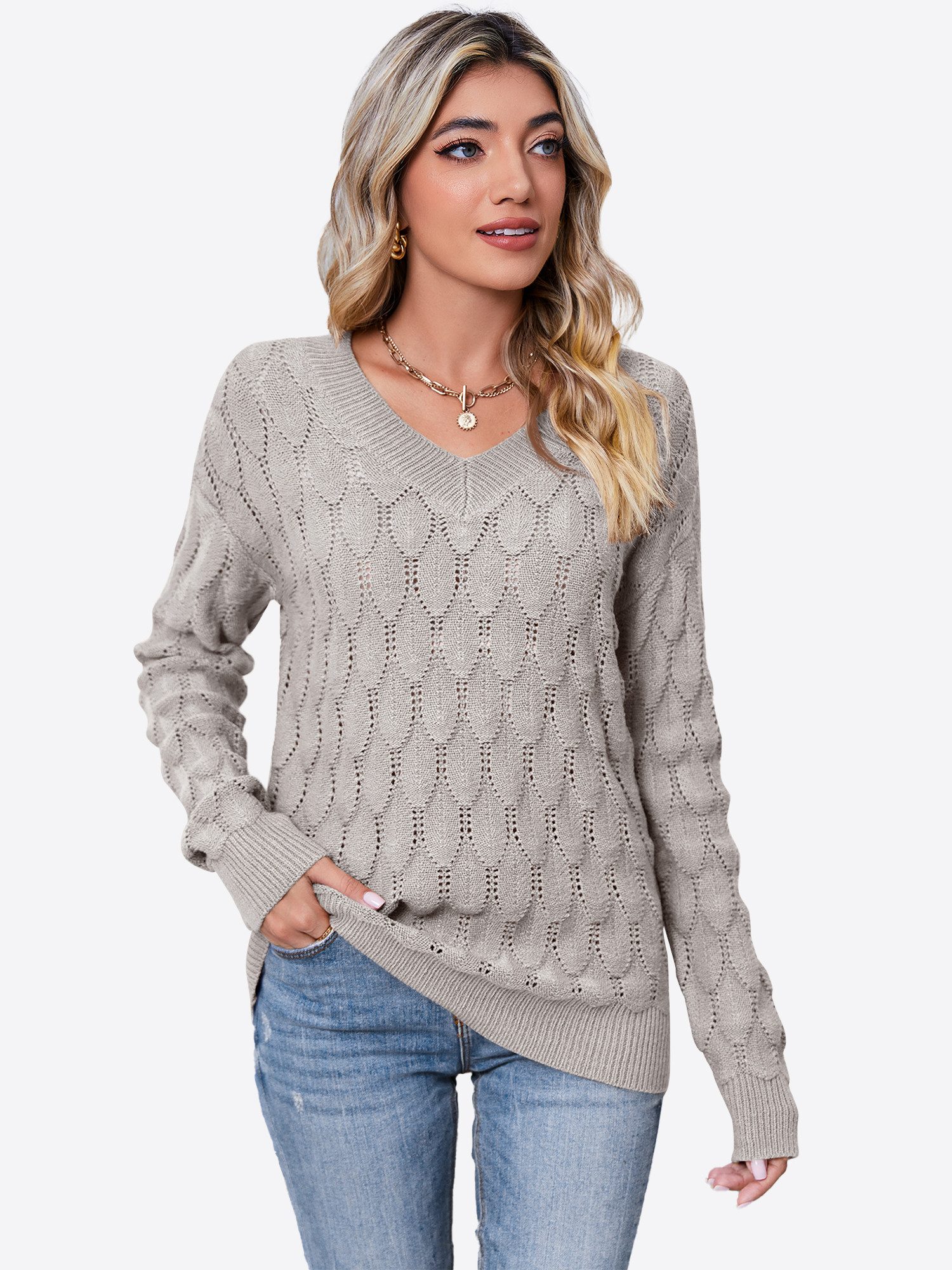 Imily Bela Sweater Damen Pullover mit V-Ausschnitt und langen Ärmeln (Packu günstig online kaufen