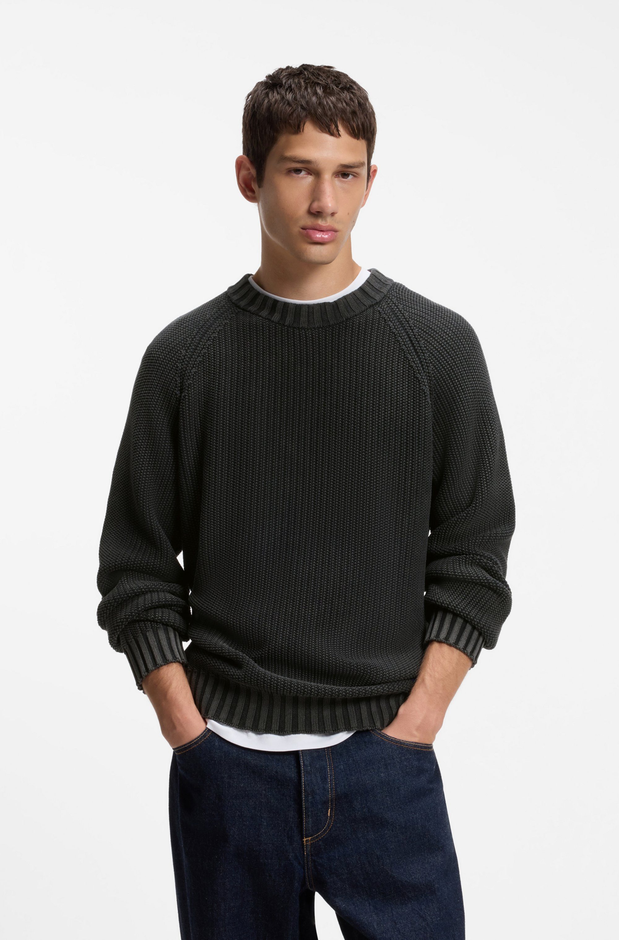 HUGO Strickpullover Sondye Strukturierter Rippenstrick aus reiner Baumwolle, Relaxed Fit