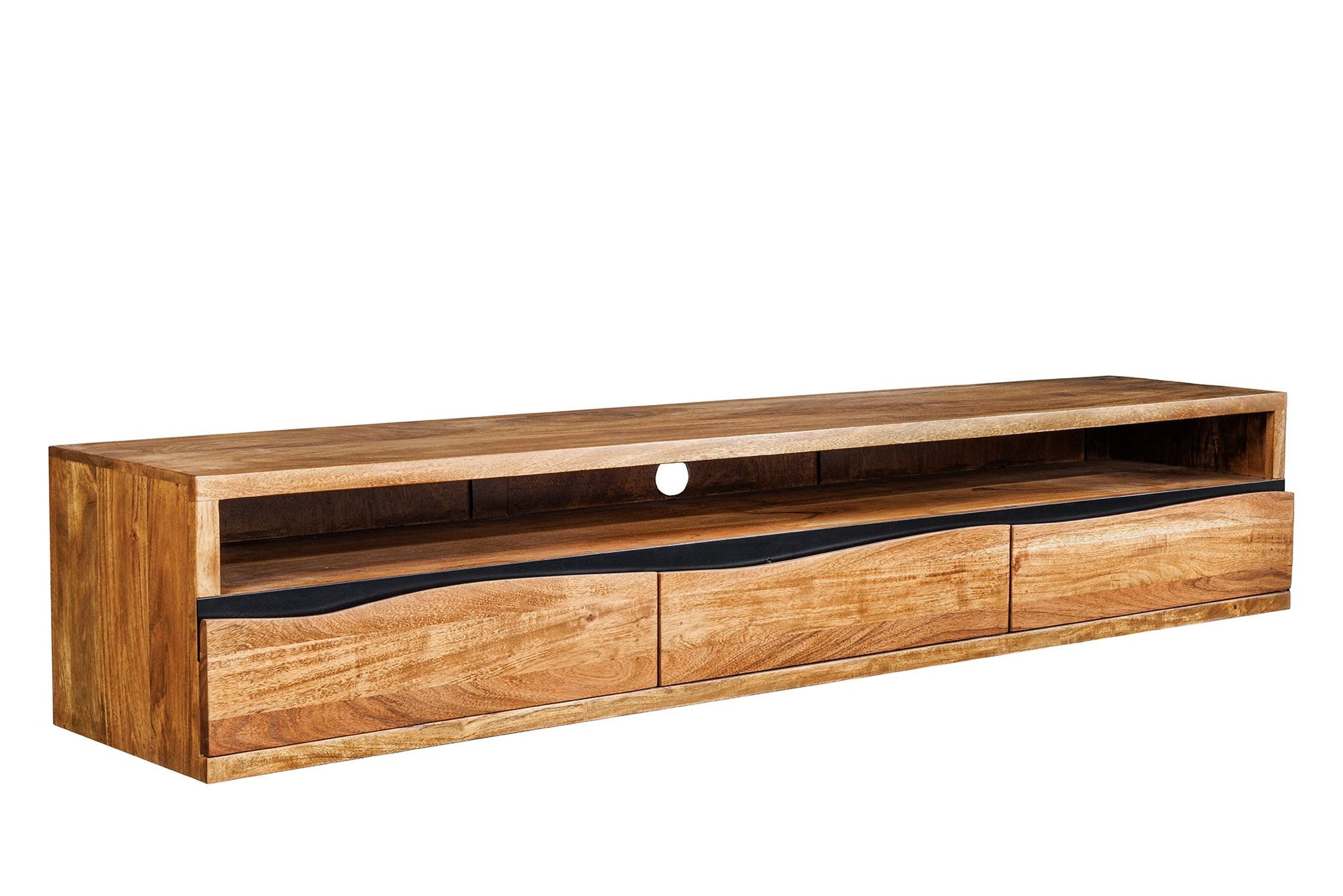 Licht-Erlebnisse TV-Board FORTU, hängend Akazienholz 160 cm 3 Schubladen Baumkante