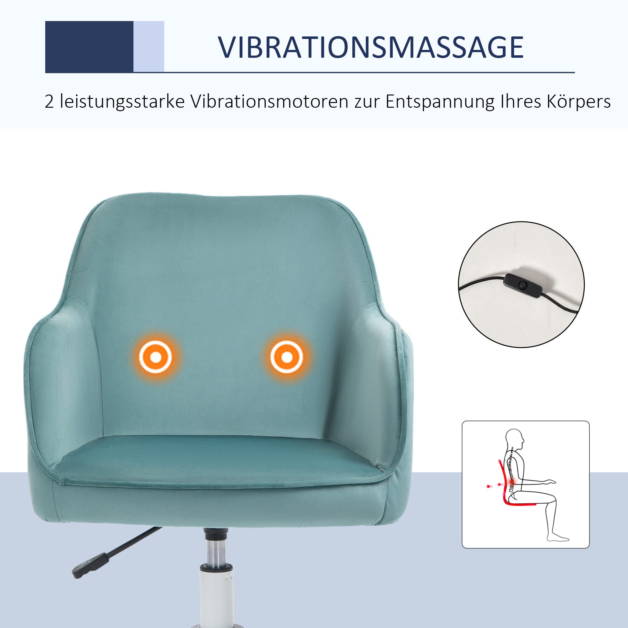 Vinsetto Schreibtischstuhl Ergonomischer Chefsessel 360° Drehbar Computerstuhl, Samtoptik (Massagestuhl, 1 St), für Büro, Grün – Bild 4 von 5