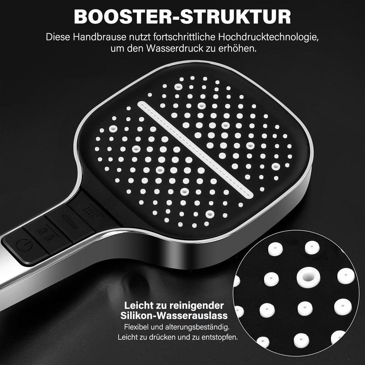 MOPUEA Handbrause Duschkopf Sparduschkopf Wassersparender Mit 8 Strahlarten Universal, (Handbrause mit innovativem 3+1-Tasten-Design und 8 Strahloptionen, Massa – Bild 5 von 5