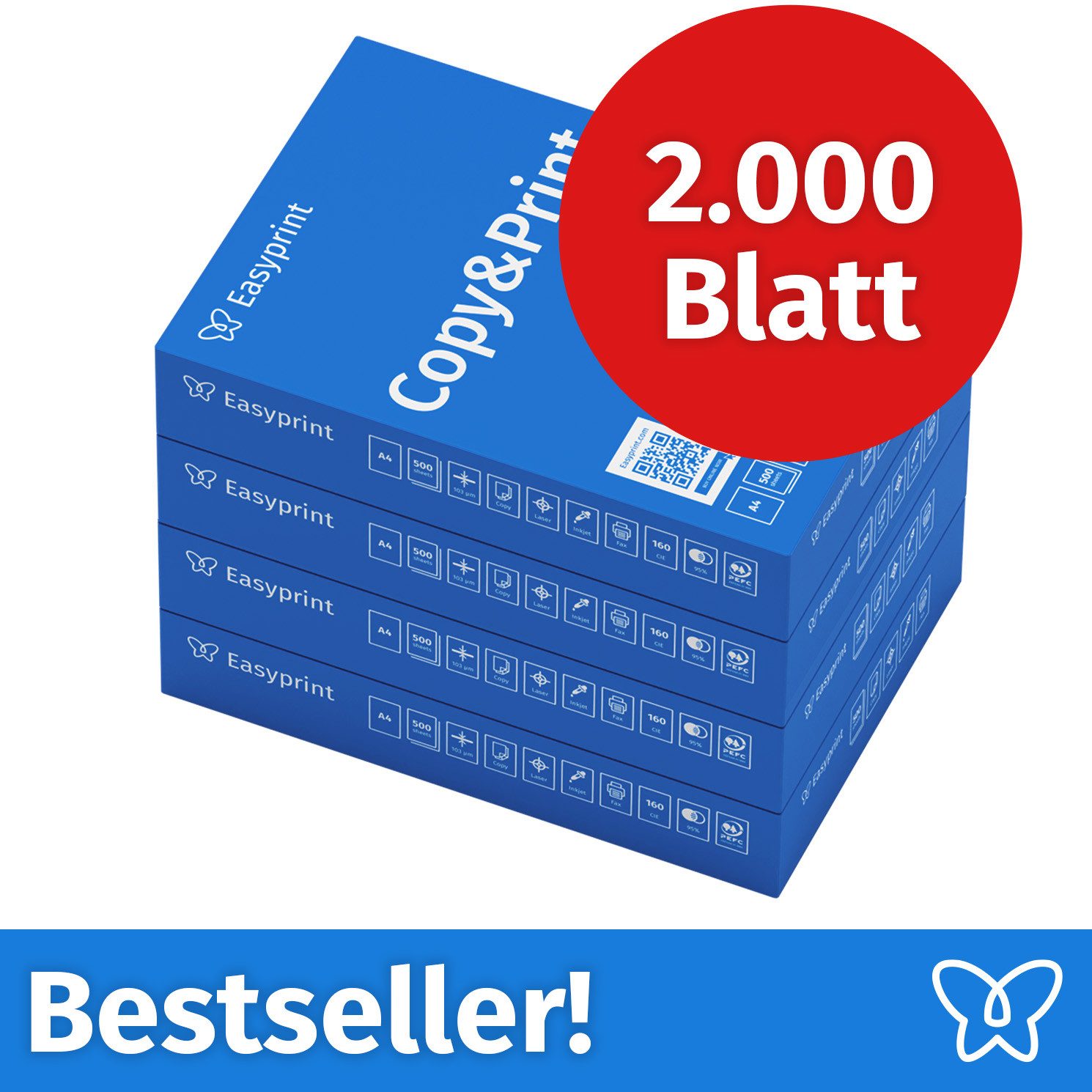 Easyprint Drucker- und Kopierpapier Kopierpapier 2000 Blatt A4 Premium Hochweiß CIE 160 Testsieger PEFC, PEFC-Zertifikat (GFA-PEFC-COC-500582)