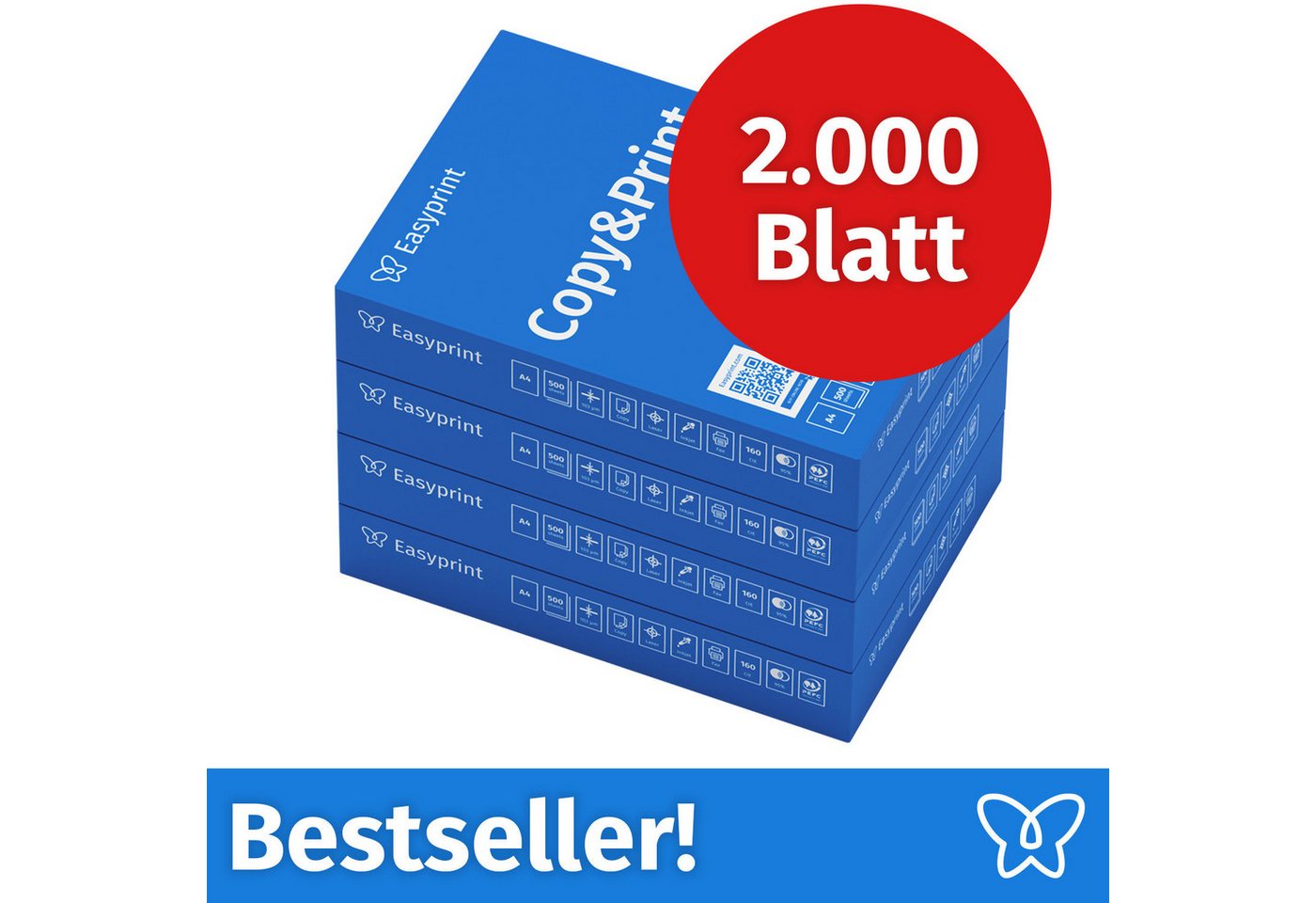 Easyprint Drucker- und Kopierpapier Kopierpapier 2000 Blatt A4 Premium Hochweiß CIE 160 Testsieger PEFC, PEFC-Zertifikat (GFA-PEFC-COC-500582)