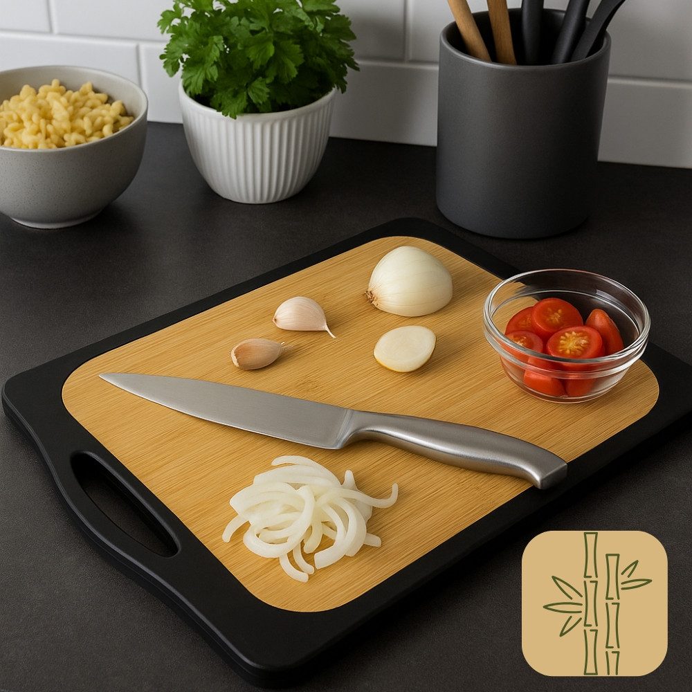 GarPet Schneidebrett 2er Set Schneidebrett Kunststoff und Bambus 2in1 Schwarz Rutschfest