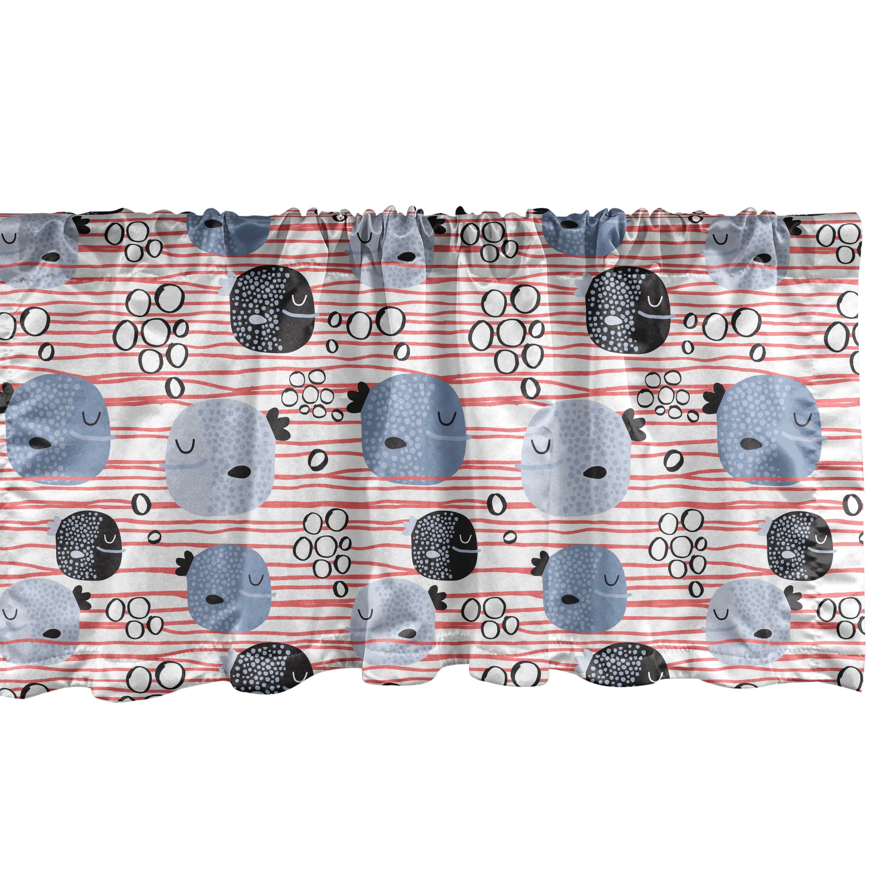 Scheibengardine Vorhang Volant für Küche Schlafzimmer Dekor mit Stangentasche, Abakuhaus, Microfaser, Gekritzel Fisch und Blasen auf Streifen