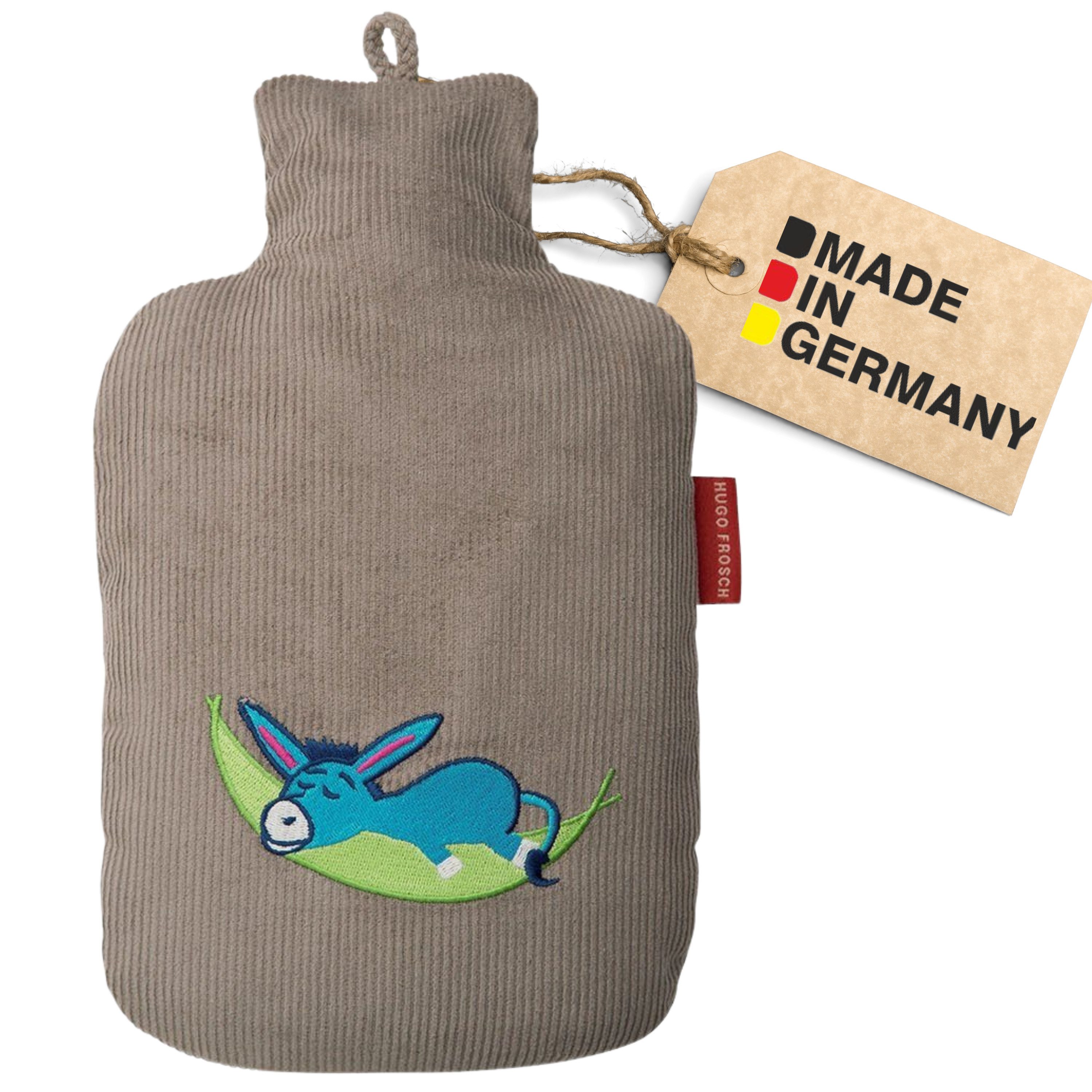 Hugo Frosch Wärmflasche Öko Junior 0,8 l formstabil Made in Germany mit Motiv-Bezug, Esel Grau - langlebige Bettflasche, waschbarer Überzug