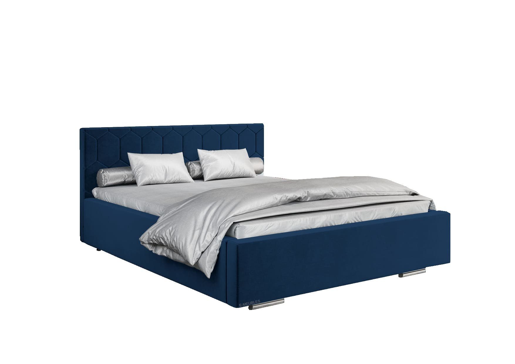MOEBLO Polsterbett Bett 02 (Double Doppelbett mit Kopfstütze, Rahmenbettgestell, mit Bettkasten und Lattenrost), gepolstertes Kopfteil Marineblau (Trinity 31)