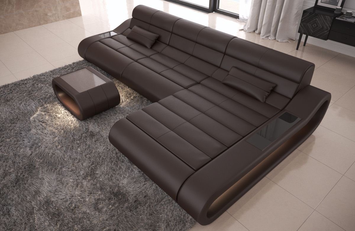 Ecksofa lang mit Ledersofa Ledercouch mit ergonomischer Sofa LED, Leder, Sofa Designersofa Couch, L Rückenlehne Form Dreams Concept