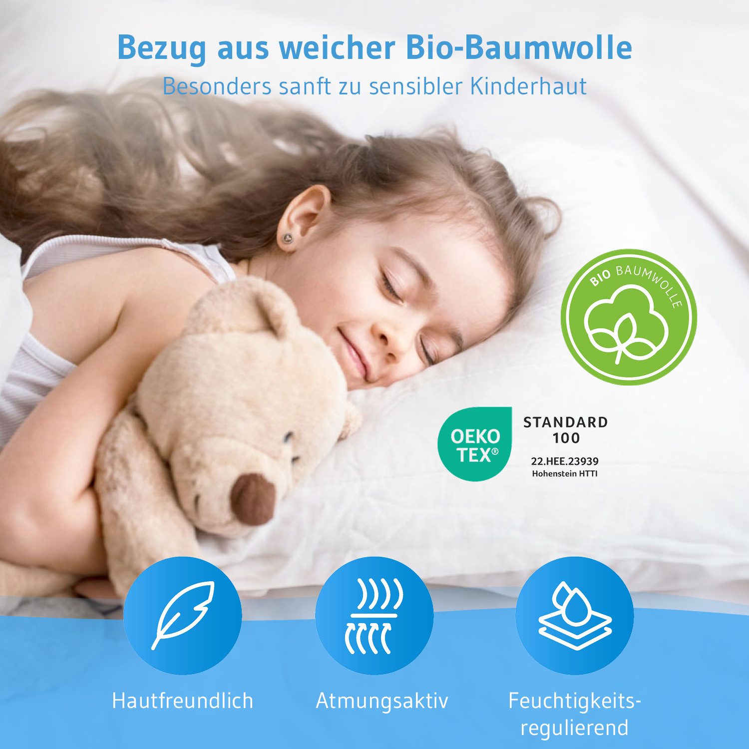 Third of Life Baumwollkissen TILLA Kinderkissen ab 2 Jahren (40×60), Füllung: 100 % recycelte Polyesterfaser (rPET), Bezug: 100 % Baumwolle (Bio), Seitenschläfer, Rückenschläfer, Bauchschläfer, Bio-Baumwolle, höhenverstellbar; atmungsaktiv; allergikerfreundlich;