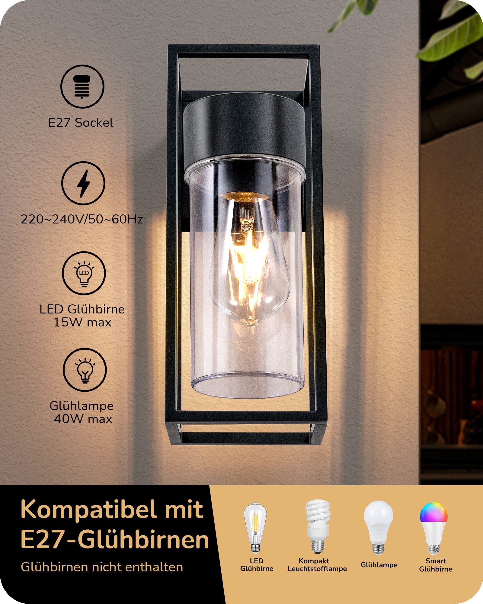 EDISHINE Wandleuchte, ohne Leuchtmittel, Wandbeleuchtung für Hauswand, Terrassenbeleuchtung