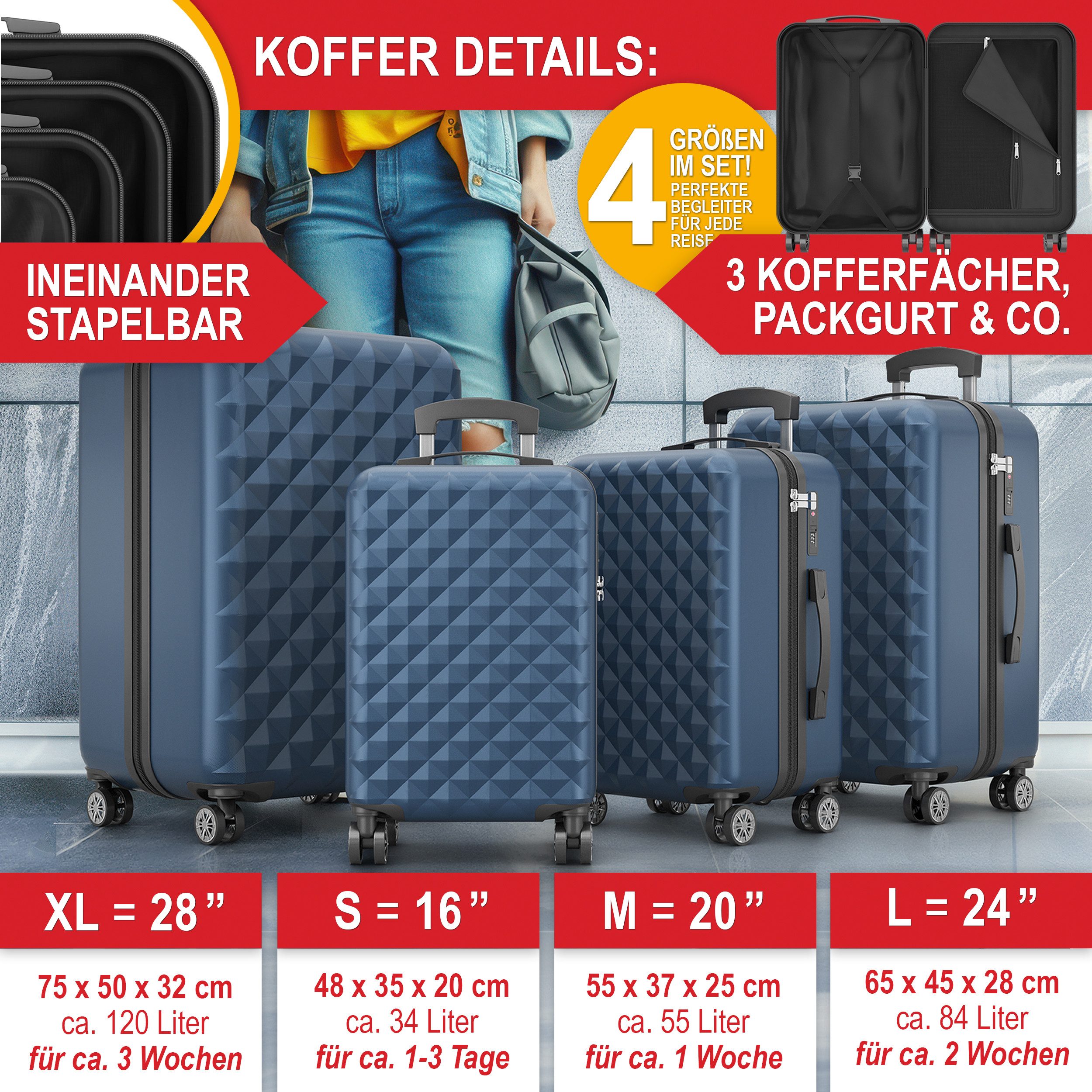 Onbest Kofferset 4er Hartschalen Trolley PREMIUM S-M-L-XL TSA-Schloss, (4 t günstig online kaufen