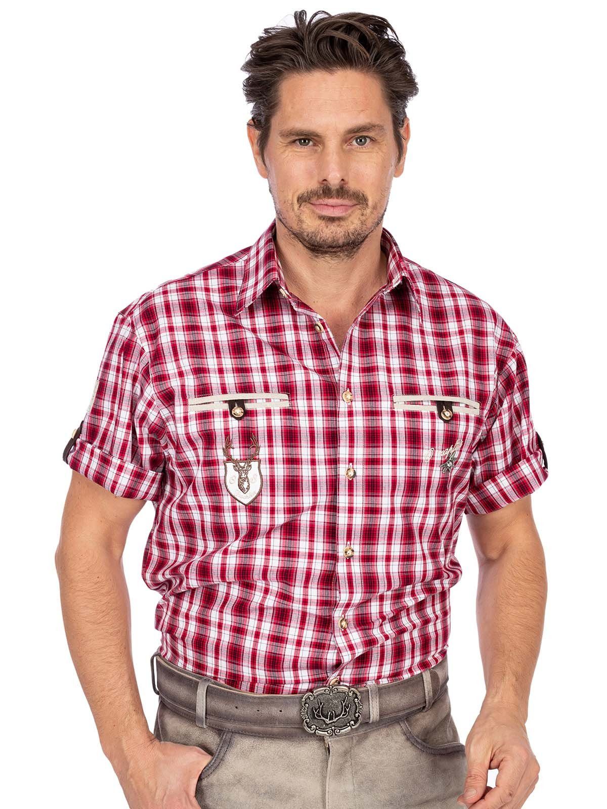 OS-Trachten Trachtenhemd Trachtenhemd EDDI karo mix Halbarm rot (Regular Fi