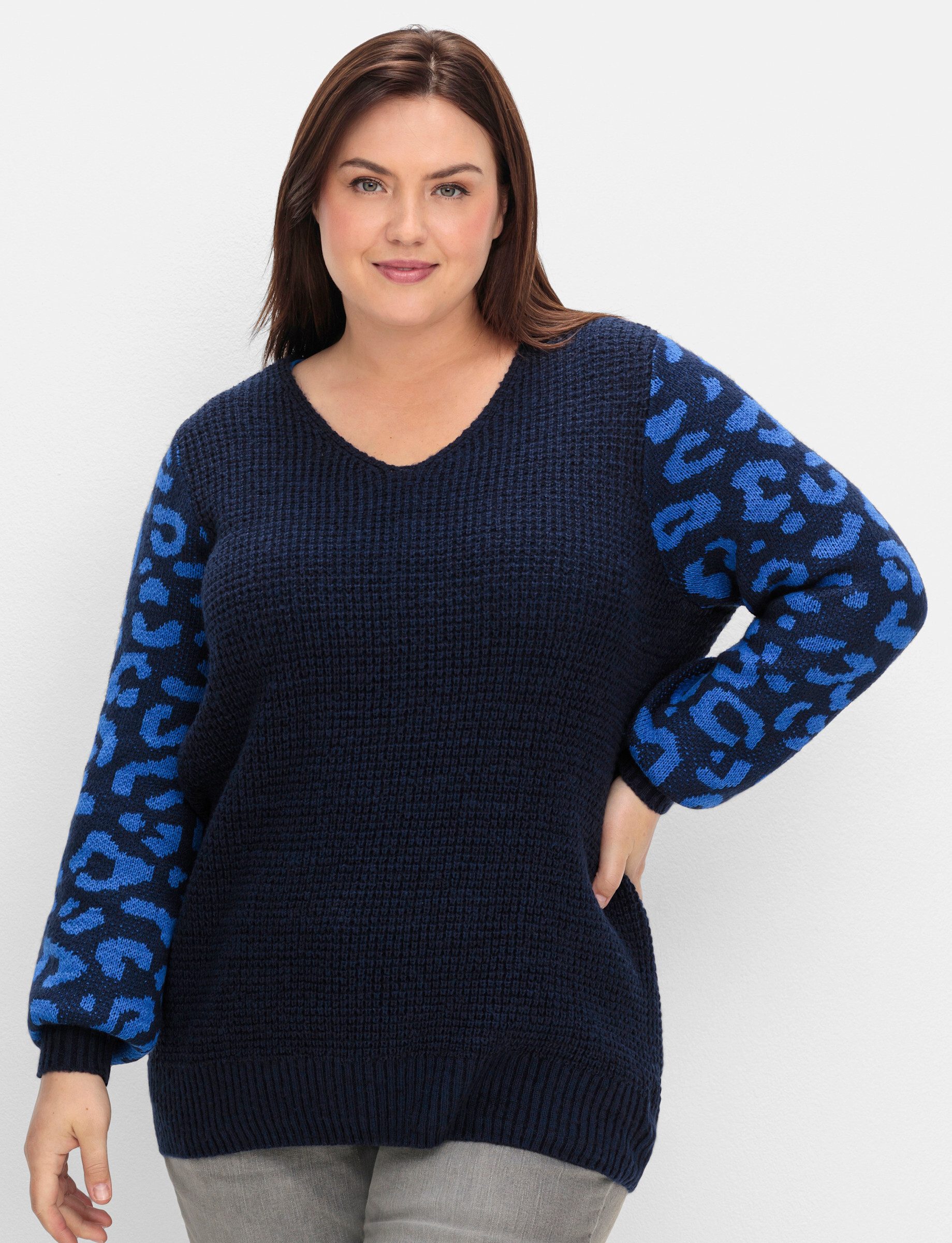 Sheego Strickpullover V-Ausschnitt-Pullover . mit gemusterten Ballonärmeln günstig online kaufen