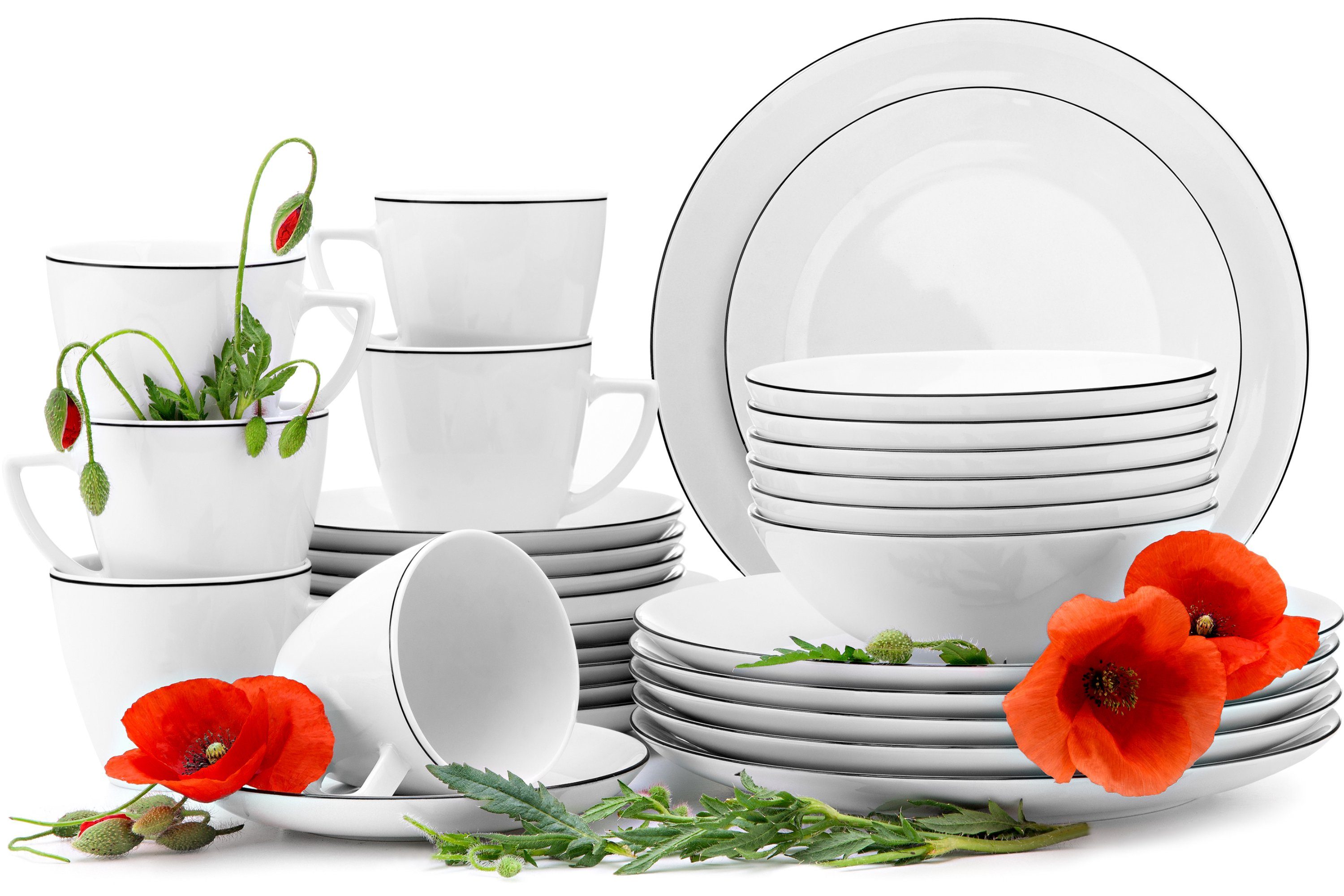 KONSIMO® Kombiservice BOSS Tafelservice Kaffeeservice Teeservice (30-tlg), 6 Personen, Porzellan, rund, 350ml