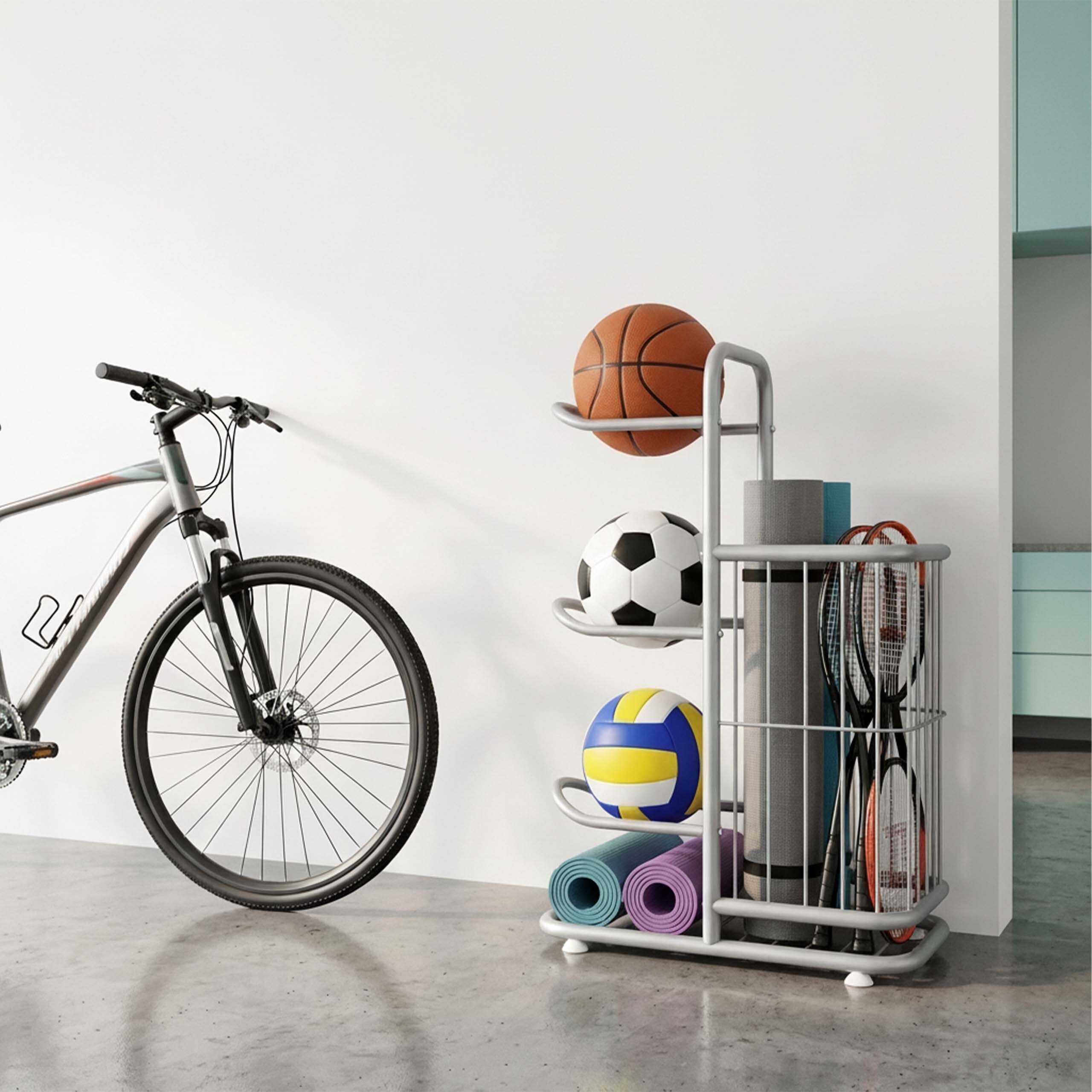 relaxdays Sportgeräte-Regalwagen Ballständer mit 3 Ablagen und Korb, silber