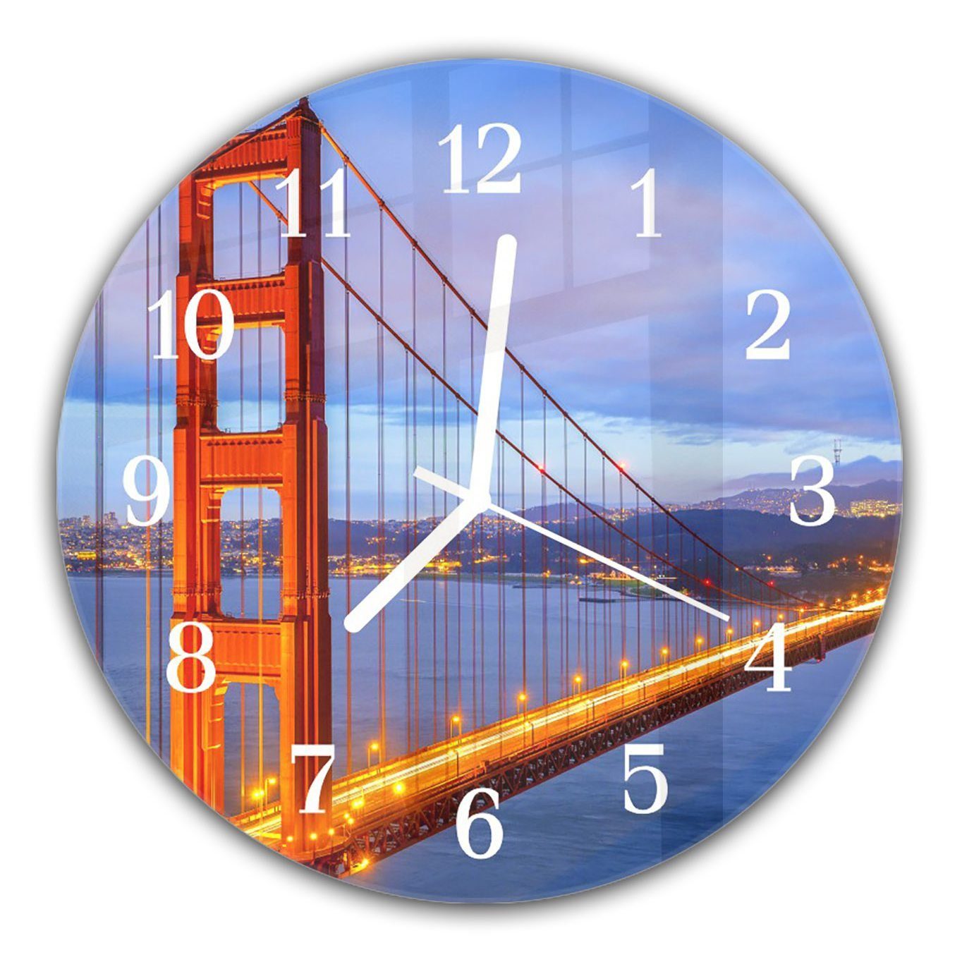 Primedeco Wanduhr Wanduhr aus Glas mit Motiv Golden Gate Bridge bei Tag - Rund mit Durchmesser 30 cm und Quarzuhrwerk