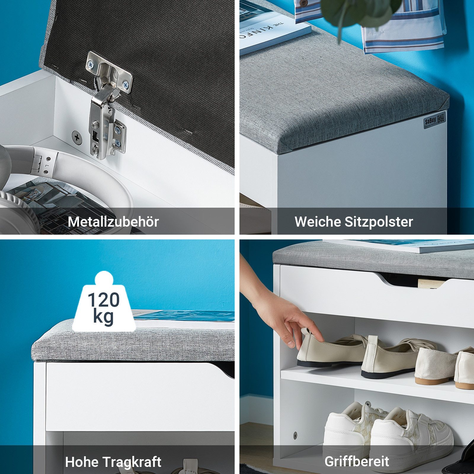 SoBuy Schuhbank FSR25, Schuhregal mit gepolstertem Kissen, Schuhorganizer, Sitzbank mit Stauraum Schuhregal Schuhtruhe mit Sitzfläche – Bild 5 von 5