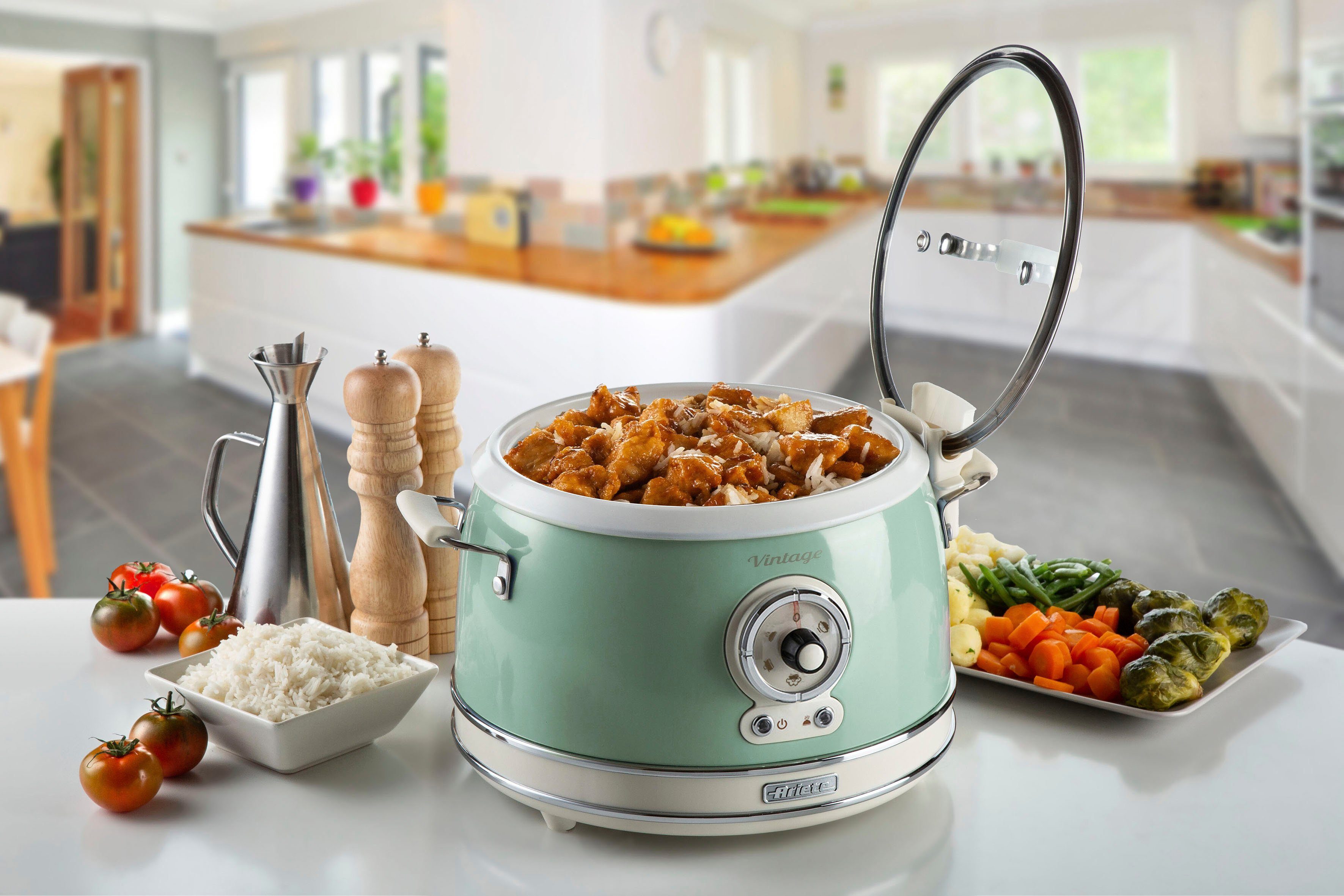 Ariete Multikocher 2904CR, 650 3 3 Vintage, Slowcooker/Reiskocher/Dampfgarer Schüssel, L W, l