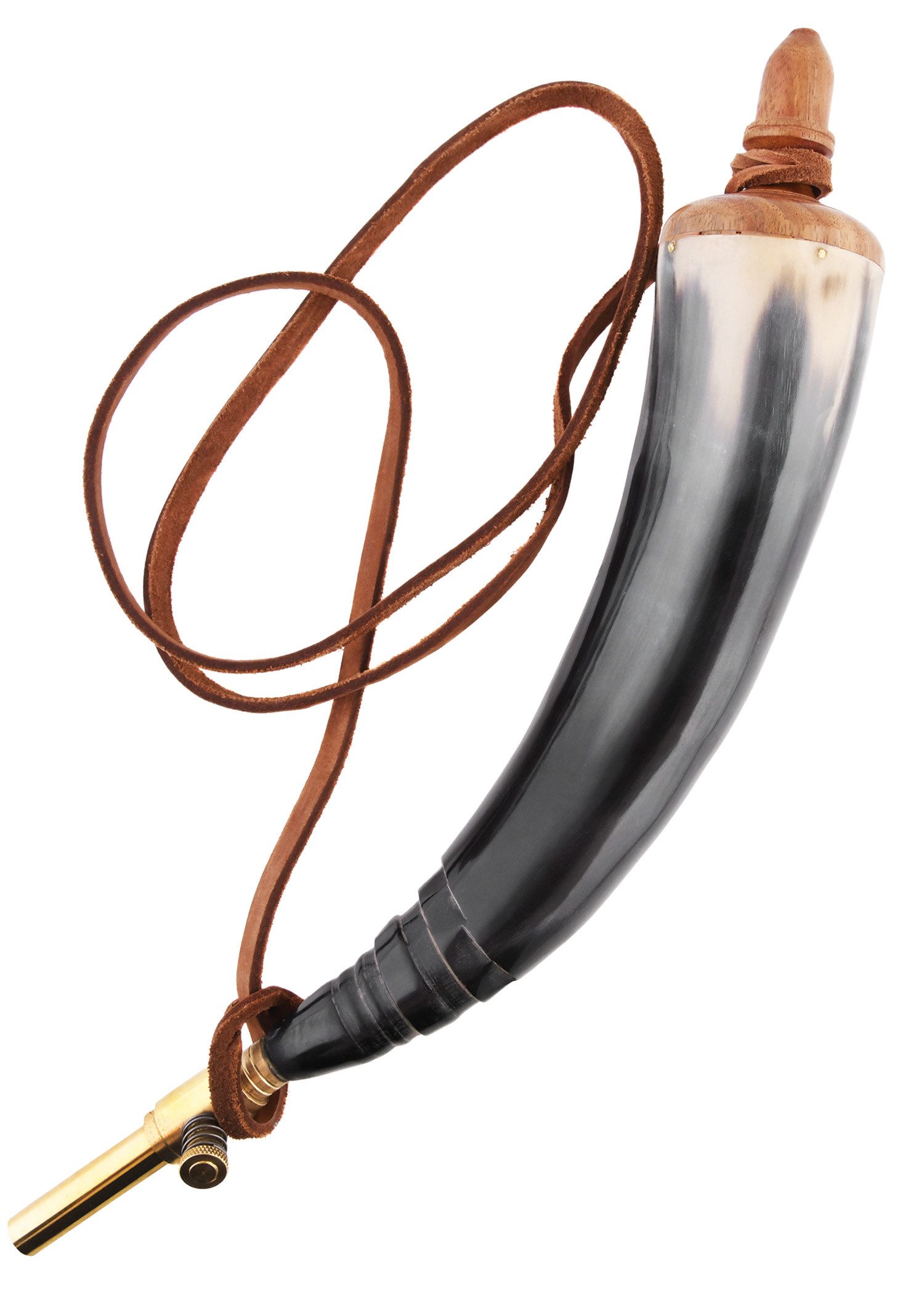 Ritter-Kostüm Pulverhorn mit Absperrhahn aus Messing und Lederband