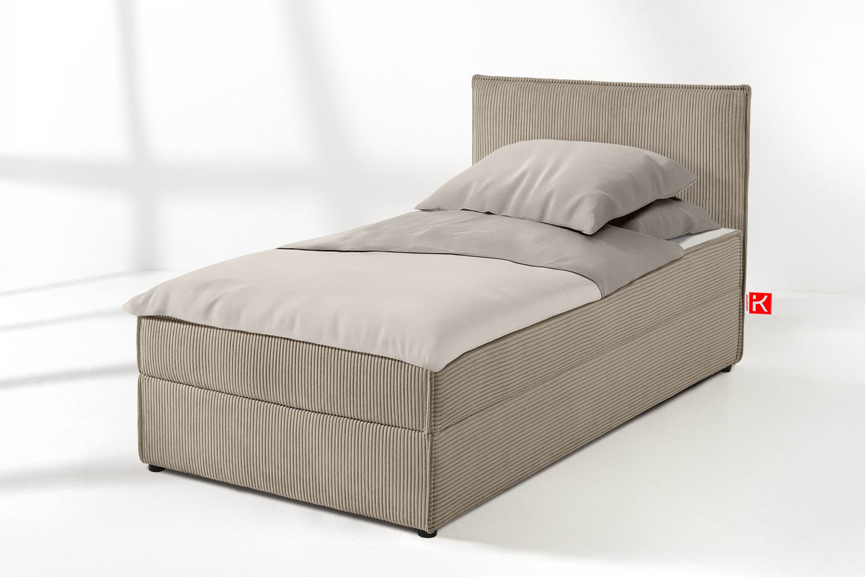 KONSIMO® Jugendbett ROTI Polsterbett 1-Person mit großem Bettkasten, hergestellt in der EU (80 cm x 200 cm), Inklusive Kissen und große Farbauswahl beim Cord-Stoff, Bonell-Kern