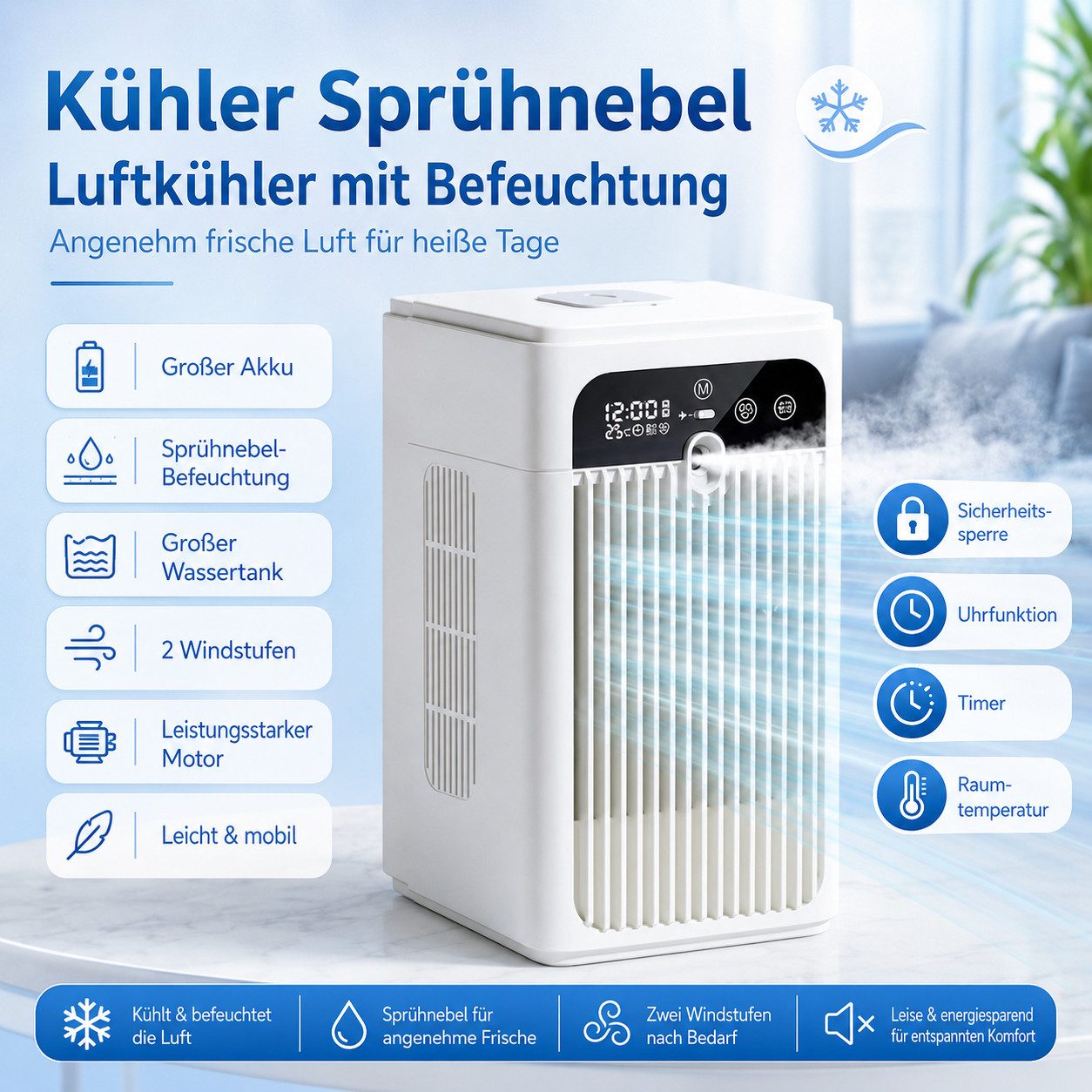 MOPUEA Ventilatorkombigerät Tragbarer Luftkühler, 2 Modi, 500 ml Wassertank, Wassersprühnebel, mit Timer und Digitalanzeige, Typ-C-Aufladung, für Camping, Zuhause