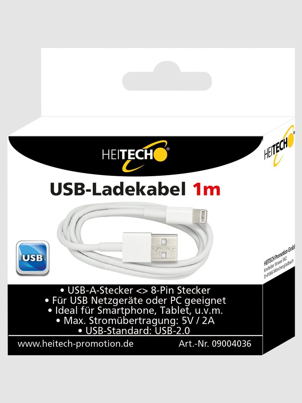 HEITECH USB Ladekabel USB A Stecker auf iPhone Stecker für iPhone Länge 1 m USB-Kabel, (100 cm)
