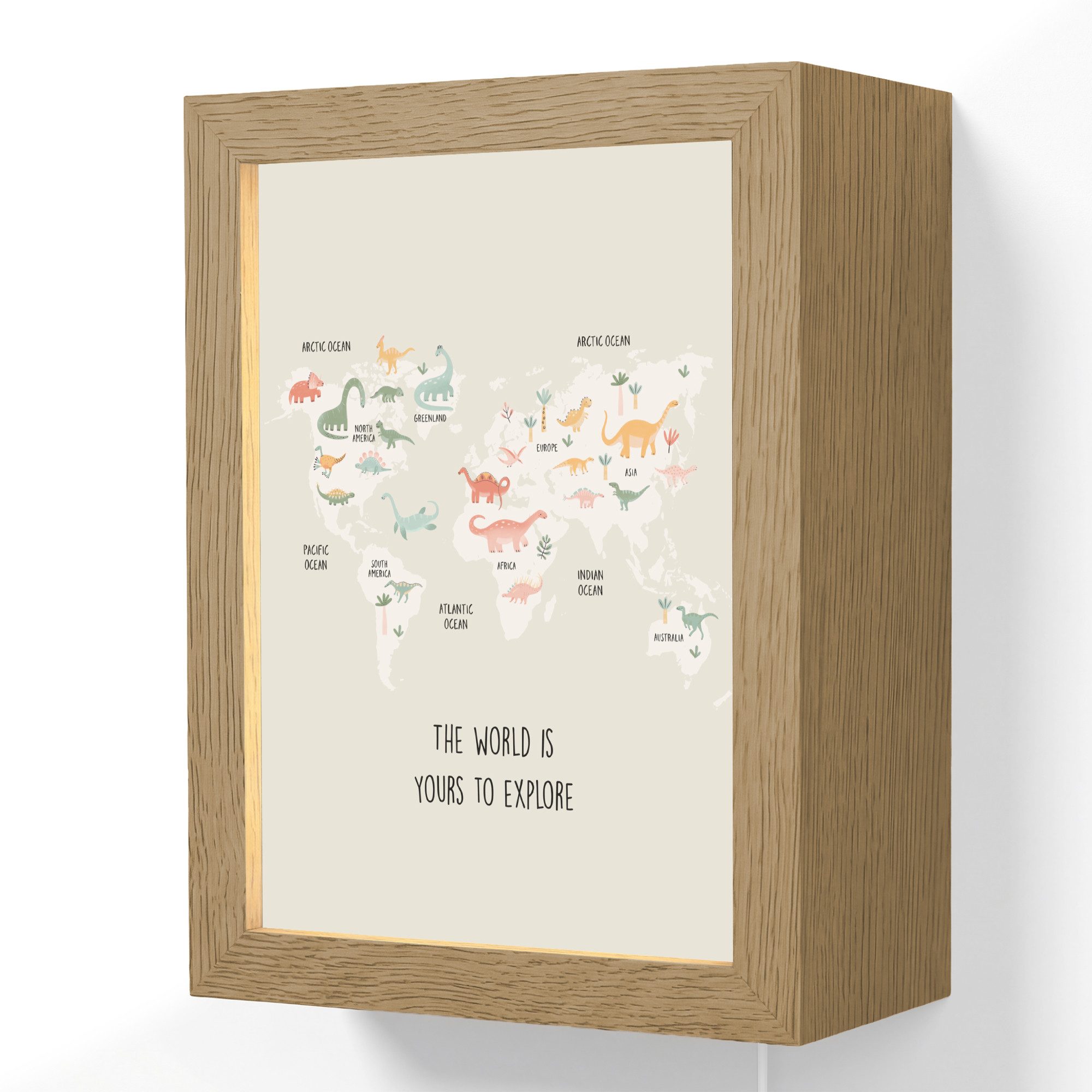 OnlyWow Wandleuchte Lightbox Weltkarte - Dino - Kinder - Dinosaurier - Jungen, Dimmbar, Farbwechsel, LED, Warmweiß, Kaltweiß, Neutralweiß Einstellbar, Wandlampe Innen, Dimmbar, mit Kabel, LED, Beleuchtung, Kinderzimmer