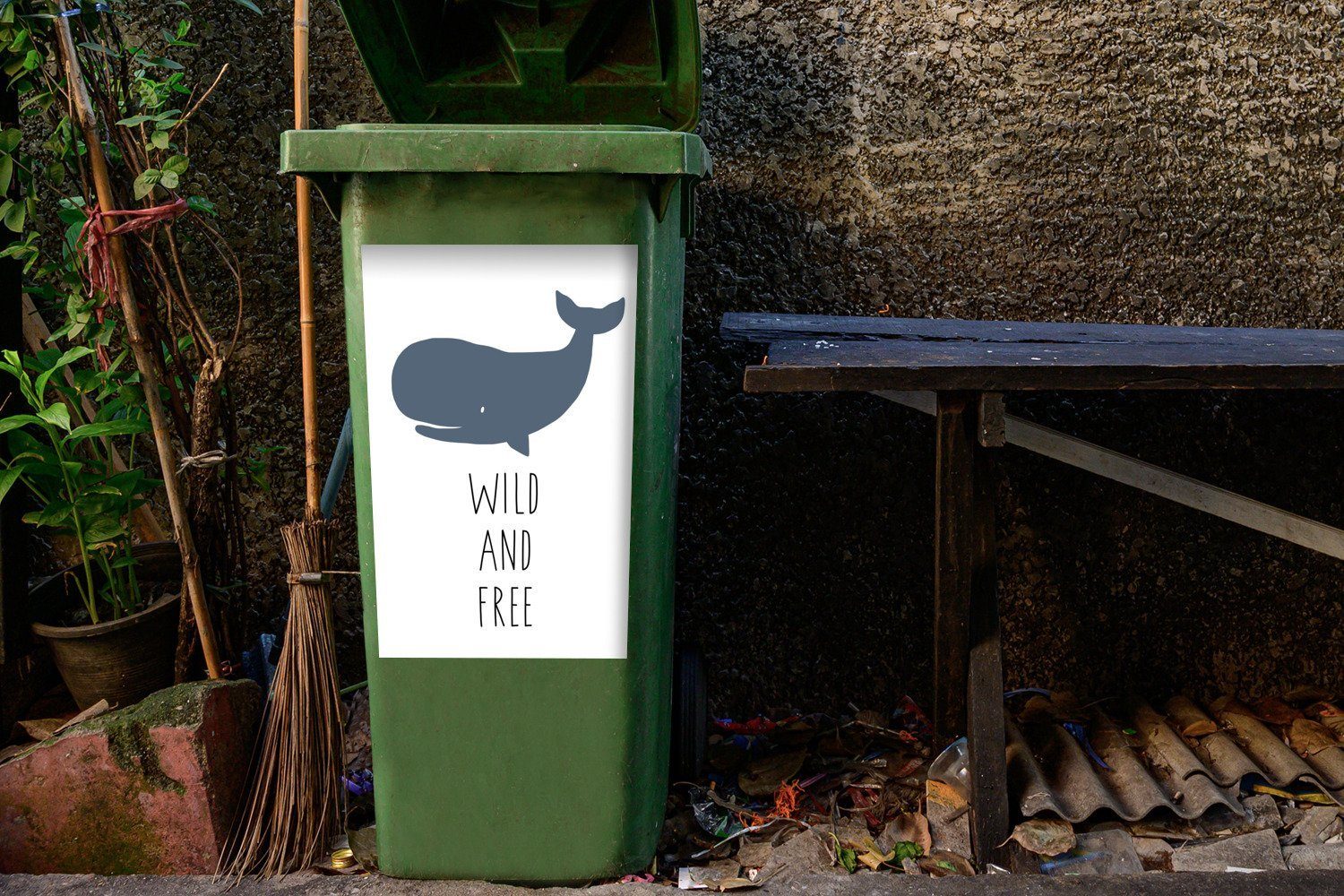 frei und (1 St), MuchoWow Wild Container, - Zitate Abfalbehälter Illustration Mülleimer-aufkleber, Sticker, Wandsticker Wal Mülltonne, - Kinder - -
