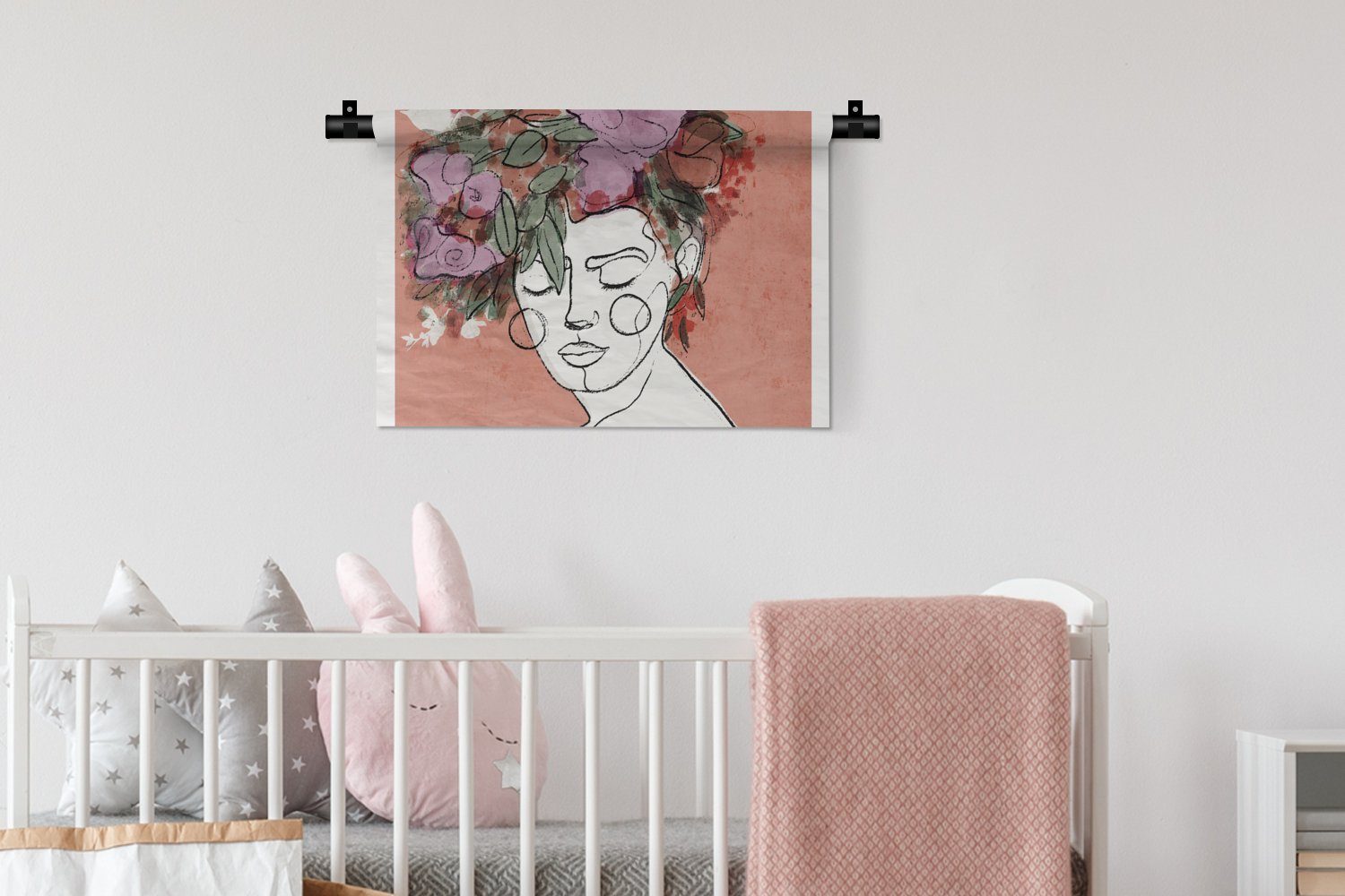 Porträt Wohnzimmer, Kleid, Wanddekoobjekt Pastell, MuchoWow Kinderzimmer Frau - für Wandbehang, - Schlafzimmer, - Blumen Wanddeko