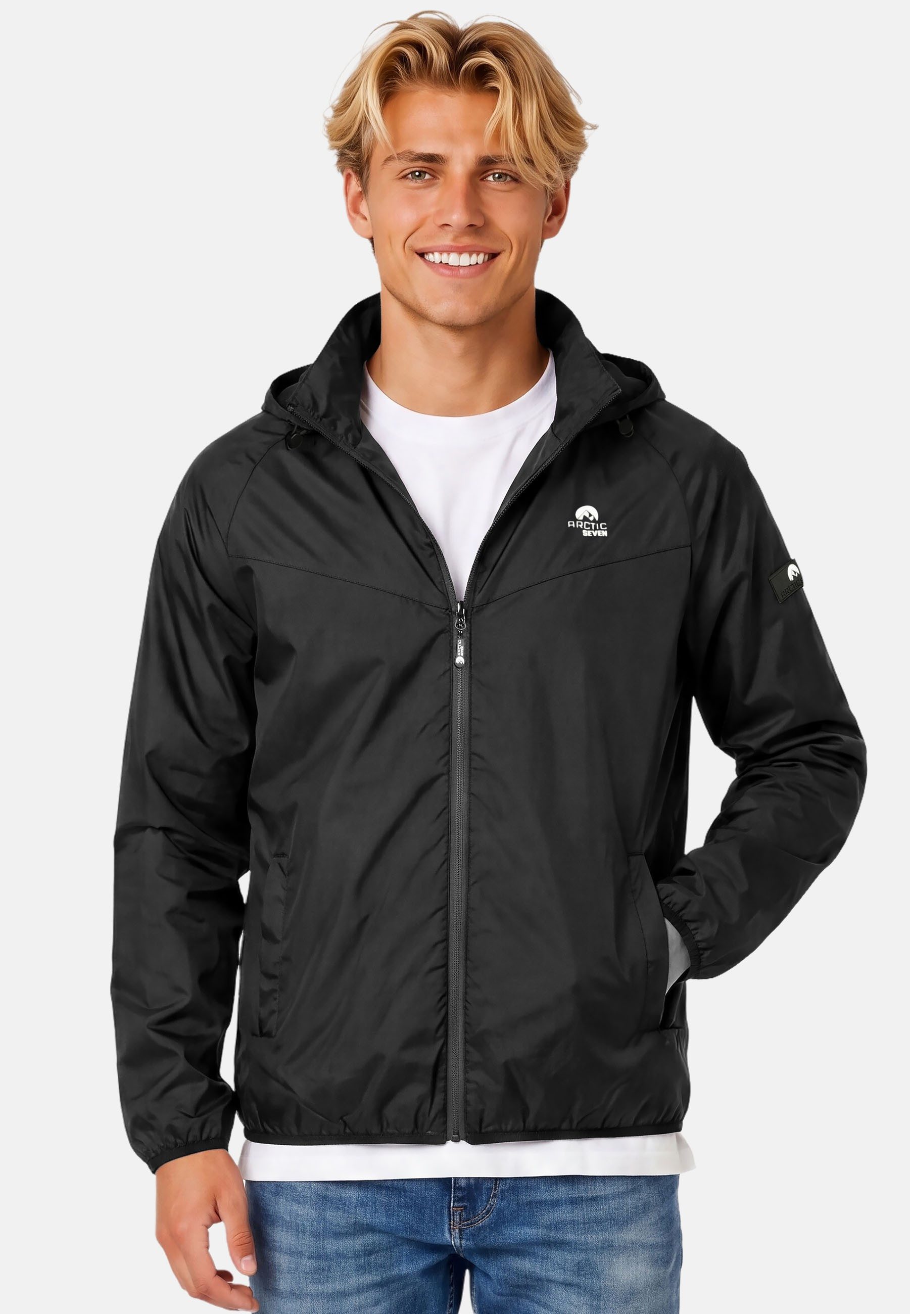 Arctic Seven Regenjacke Herren leicht mit Kapuze – Wasserabweisende Outdoorjacke mit hochstehendem Kragen