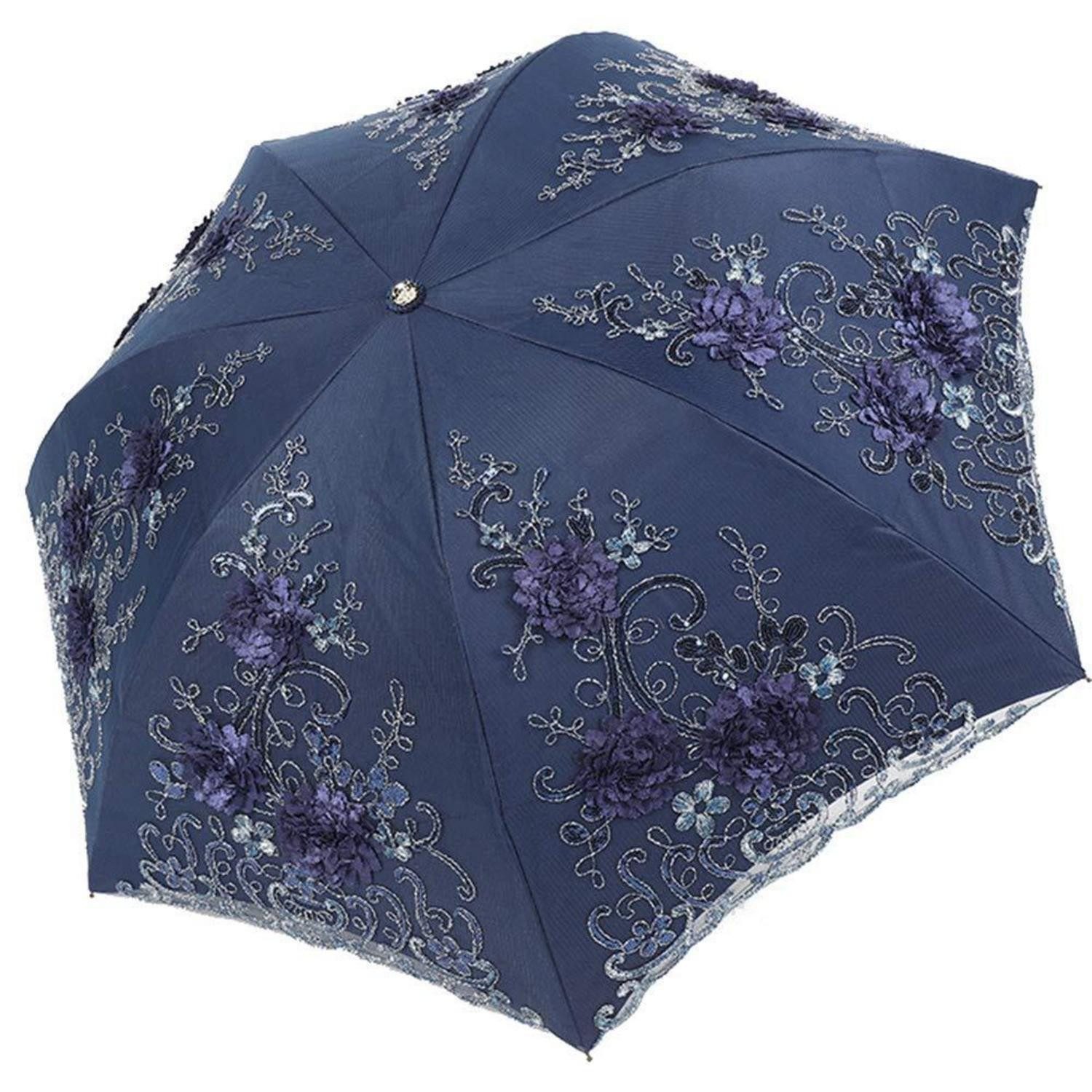 LuxusKollektion Taschenregenschirm Sonnenschirm faltbar 3D-Blumenstickerei marineblau