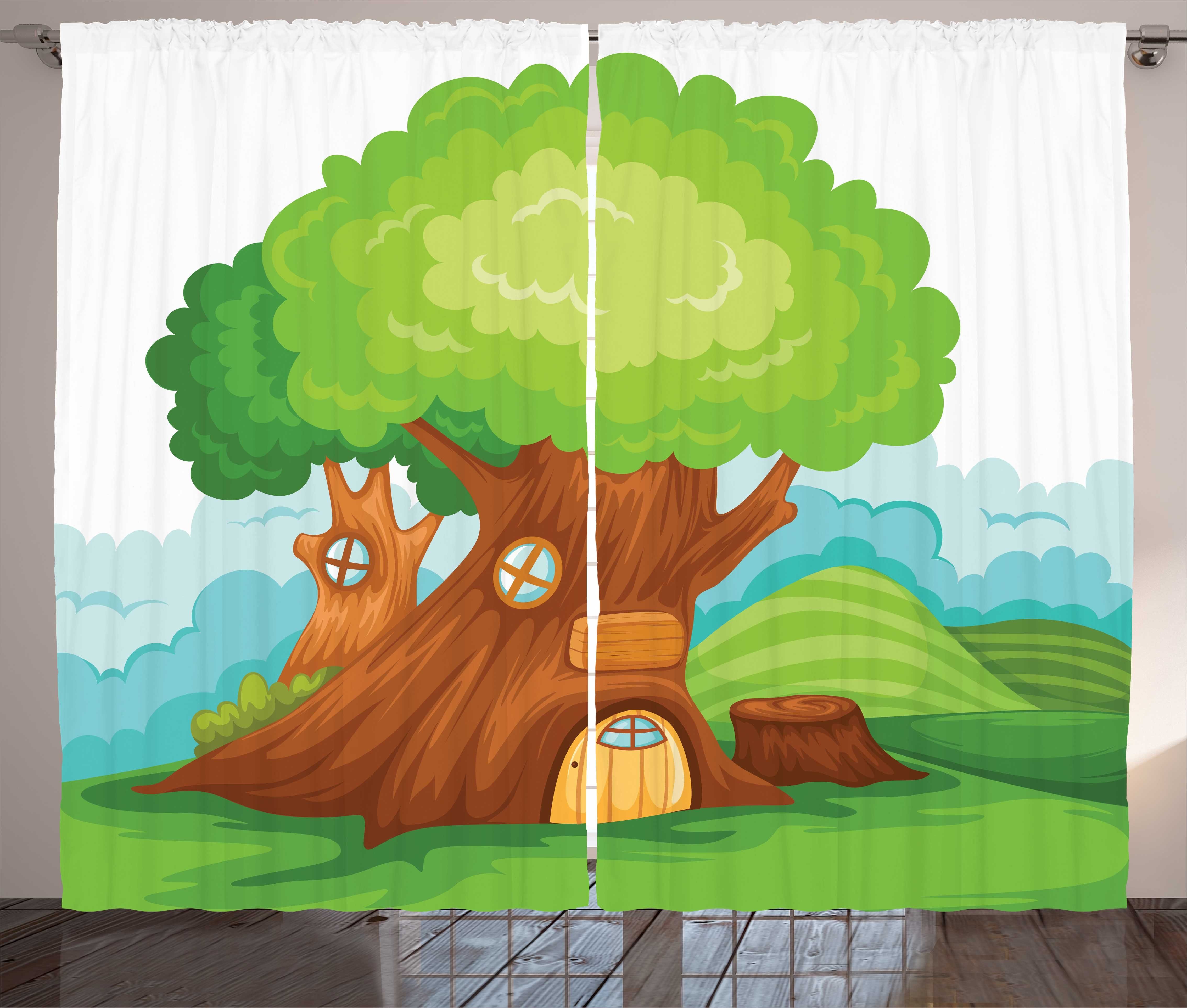Gardine Schlafzimmer Kräuselband Vorhang mit Schlaufen und Haken, Abakuhaus, Baumhaus Cartoon-Fantasie Startseite