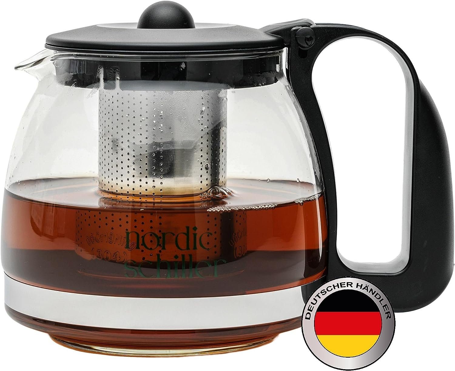 Nordic Schiller Teekanne Premium Teekanne Glas, Hitzebeständig Glaskanne mit Siebeinsatz, 1.25 l, Hitzebeständig Glaskanne mit Deckel, geeignet für Spülmaschine