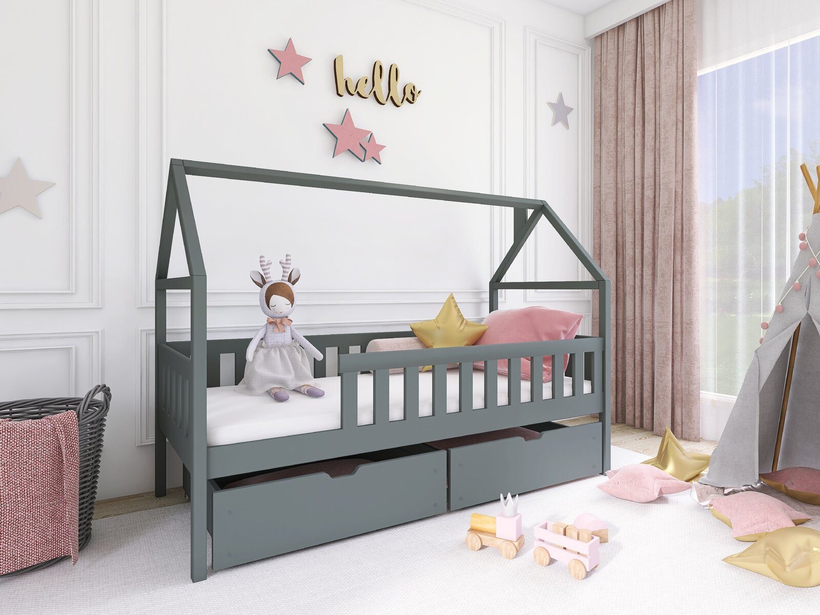 thematys Hausbett Montessori für Kinder 90x200cm 90x200 mit Rausfallschutz (Kinderbett aus Kieferholz, Jungen und Mädchen in 4 Farben), für Kleinkinder mit Lattenrost