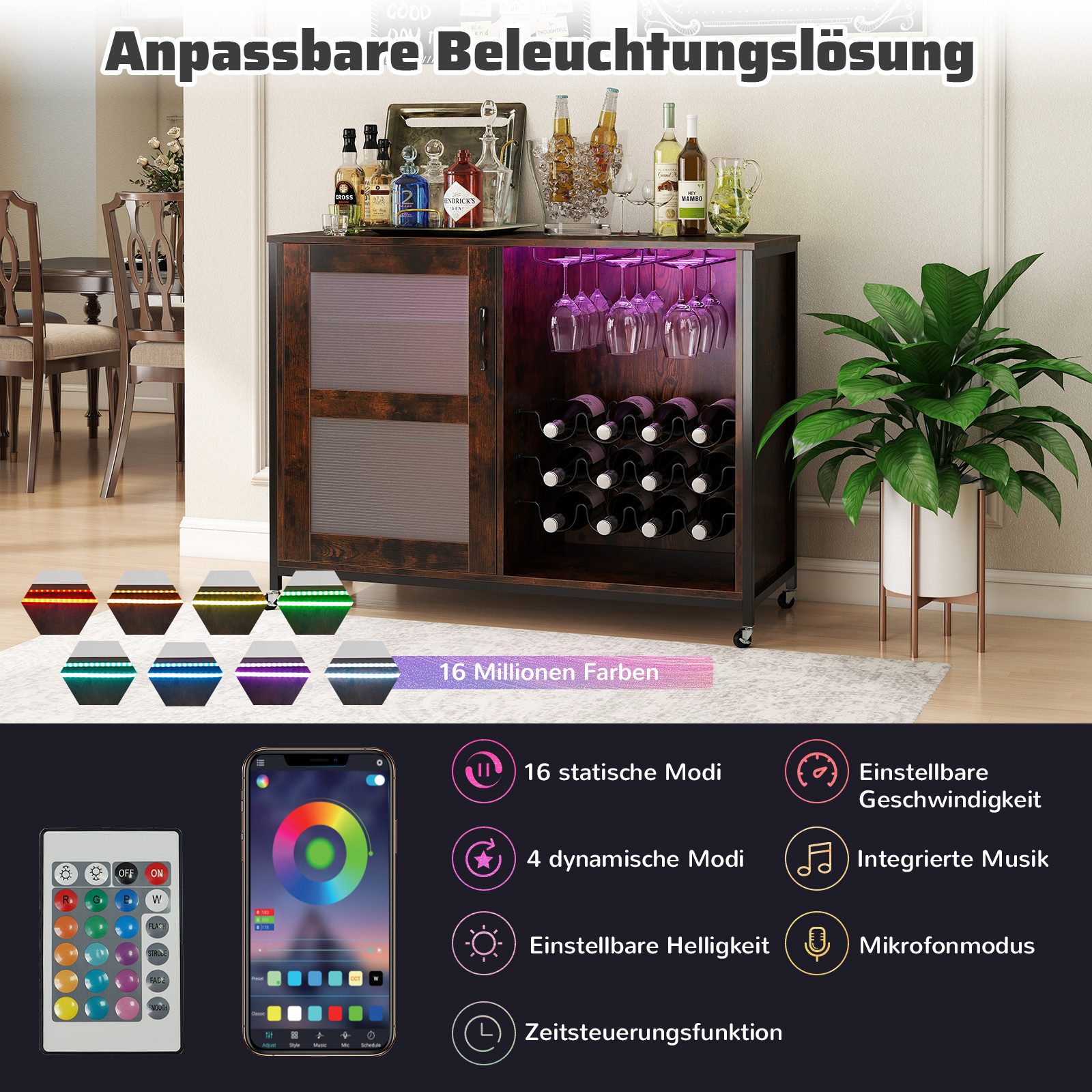 COSTWAY Weinschrank mit LED Küchenschrank mit Rollen& verstellbarem Regal 108cm
